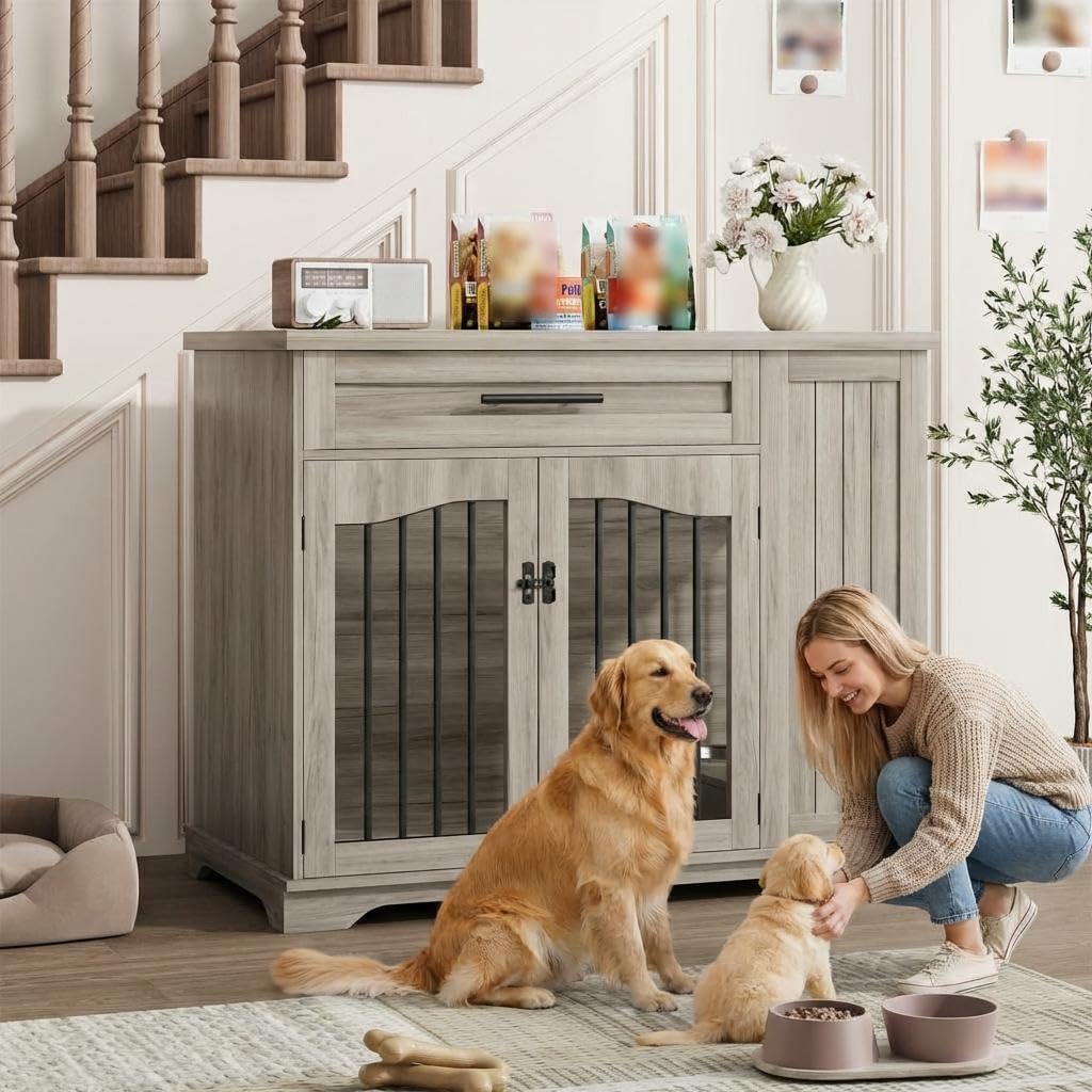 44 Inch Heavy Duty Wooden Dog Crate Furniture with Drawer & Side Storage - Indoor Dog Kennel Furniture with Double Doors for Medium, Large Dogs - Dogs Cage with Built-in Feeding Station
