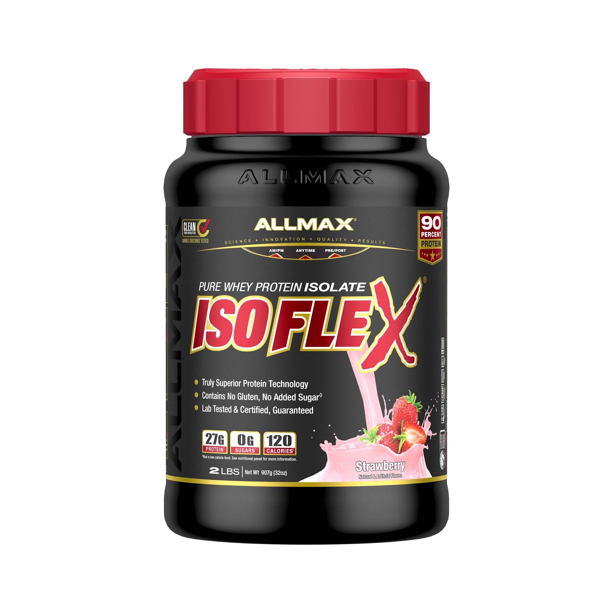 AllMax Nutrition ISOFLEX Whey Protein Isolate, Strawberry - 2 lb - 27 Grams of Protein Per Scoop - Zero Fat & Sugar - 99% Lactose Free - Gluten Free & Soy Free - Approximate 30 Servings