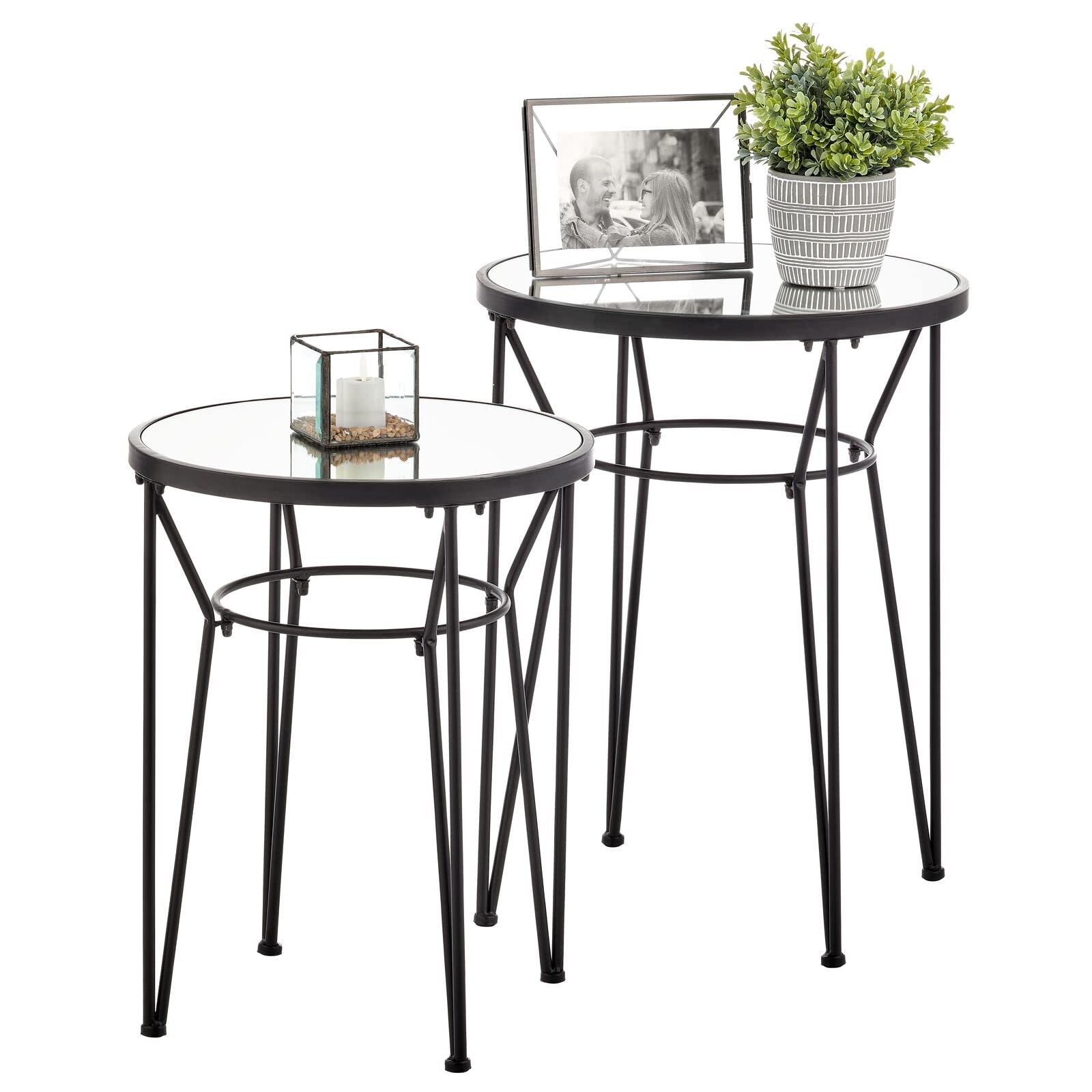 mDesign Round Metal in-Lay Accent Table with Hairpin Legs - Side/End Table - Decorative Legs, Marble Top - Home Decor Accent Furniture for Living Room, Bedroom - Set of 2 - Matte Black/Mirror