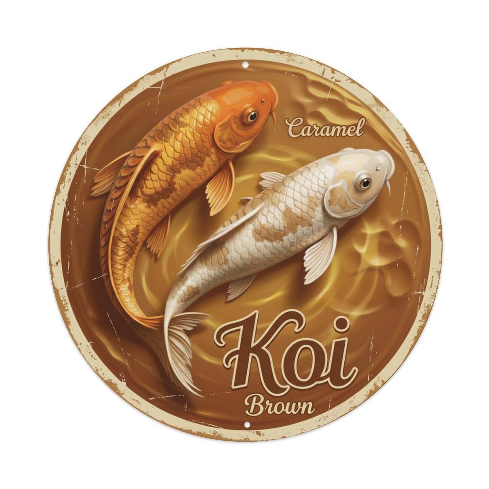 Koi Fish Caramel Brown Waters Sweet Warm Rich Golden Metal Tin Sign