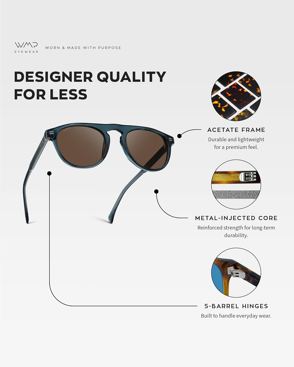 WMP Eyewear – Men’s Polarized Round Aviator Sunglasses, Lightweight Acetate Frame & UV400 Protection