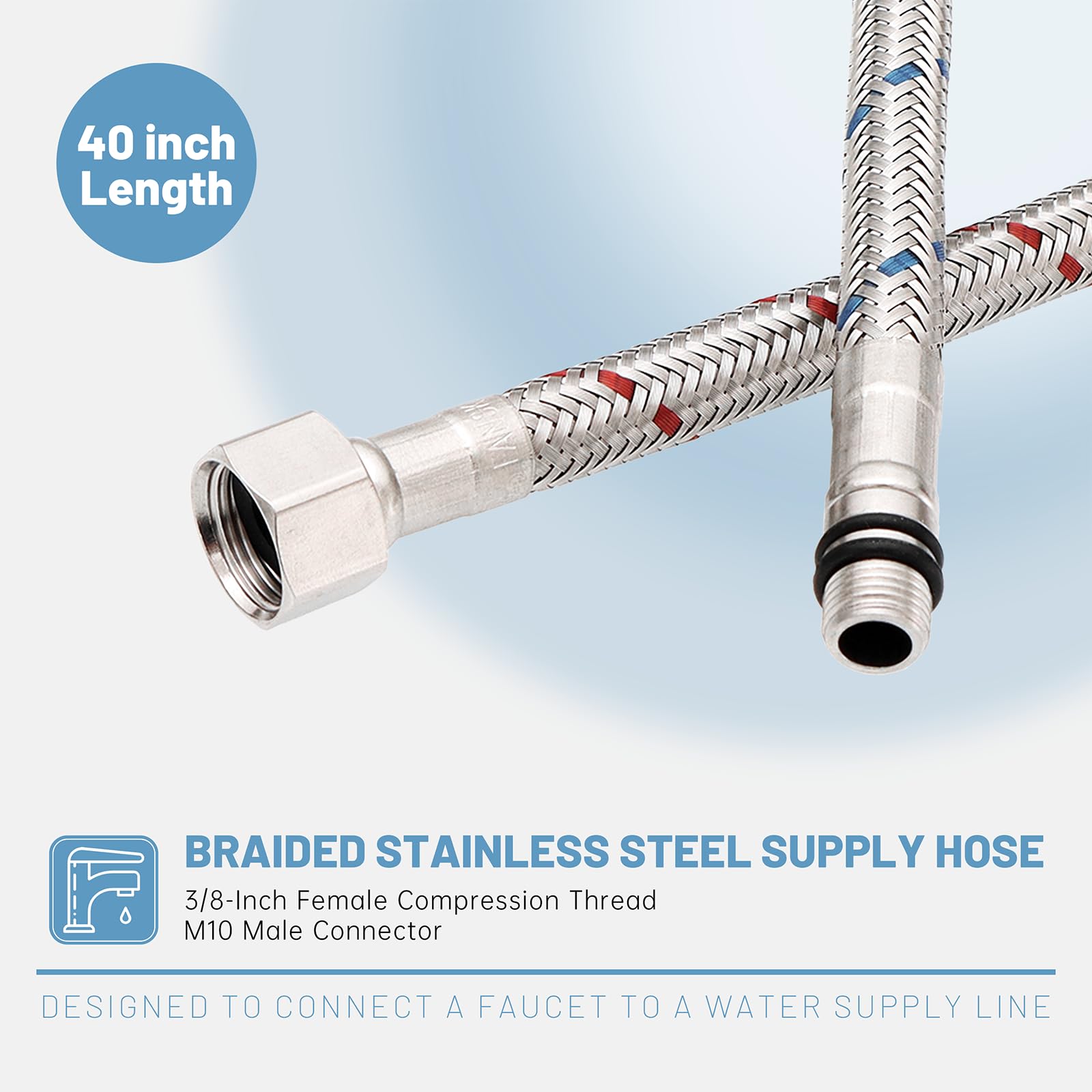 BWE 100 cm Long Faucet Connector Braided Stainless Steel Supply Hose 3/8-Inch Female Compression Thread x M10 Male Connector, x 2 Pcs (1 Pair)