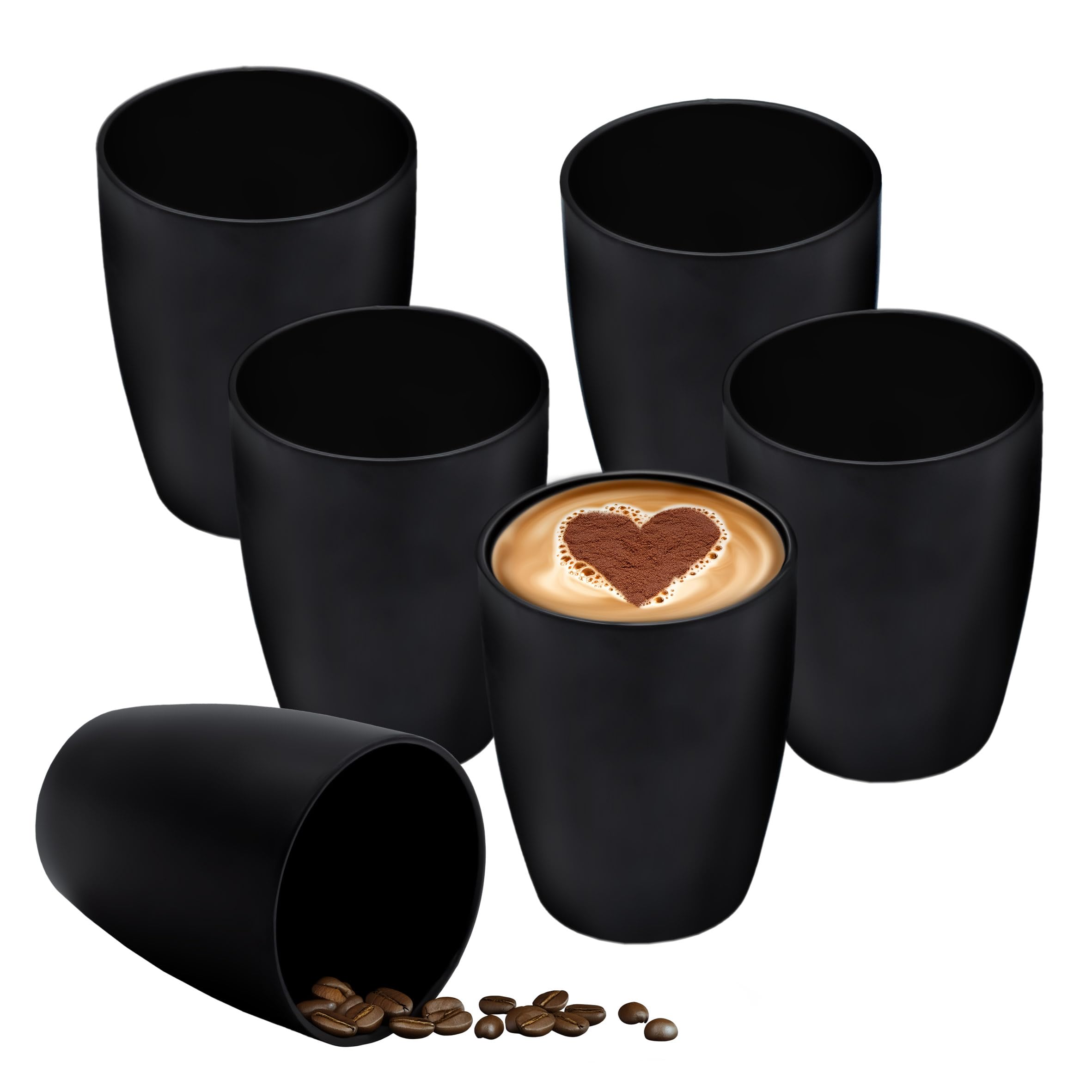 Porzellan Kaffeebecher ohne Henkel schwarz matt - 6er Set - Kaffee und Tee Tasse für 350 ml