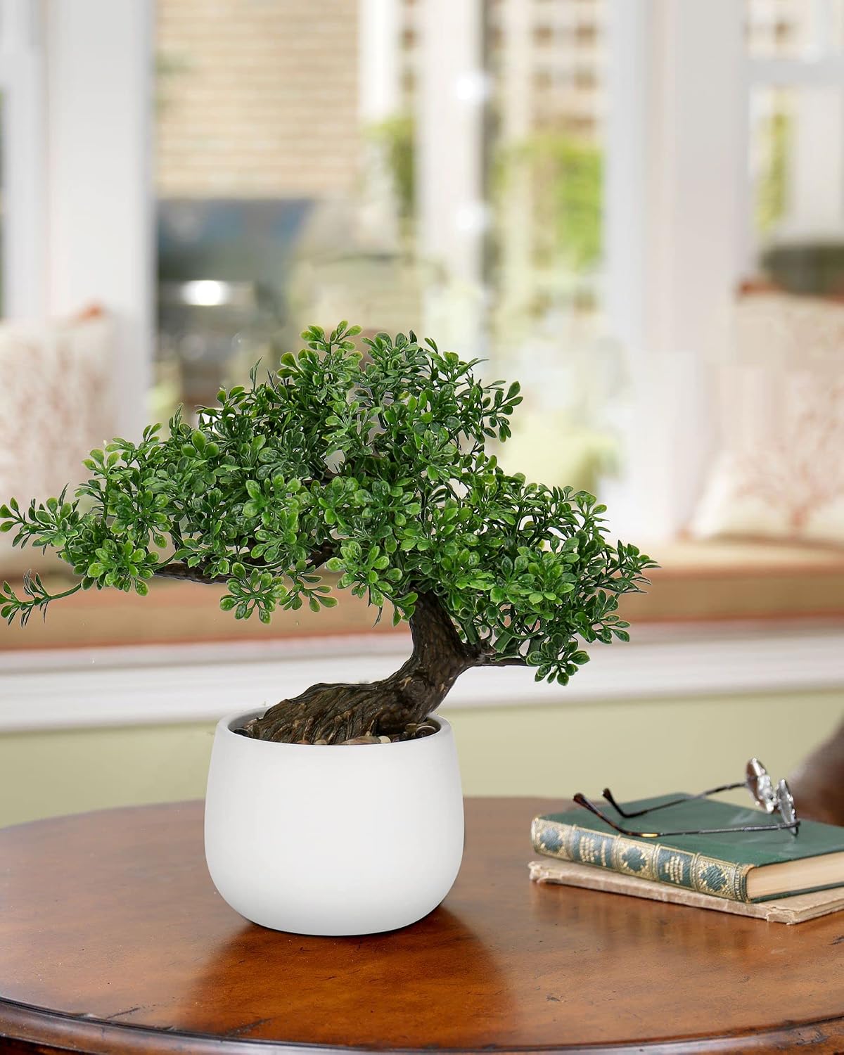 Fake Bonsai Tree Zen Juniper Bonsai Plant 9” Tall Artificial Bonsai Trees with White Ceramic Pot Decorated with Pebbles Desk Plant Indoor Bonsai for Home Office Decor