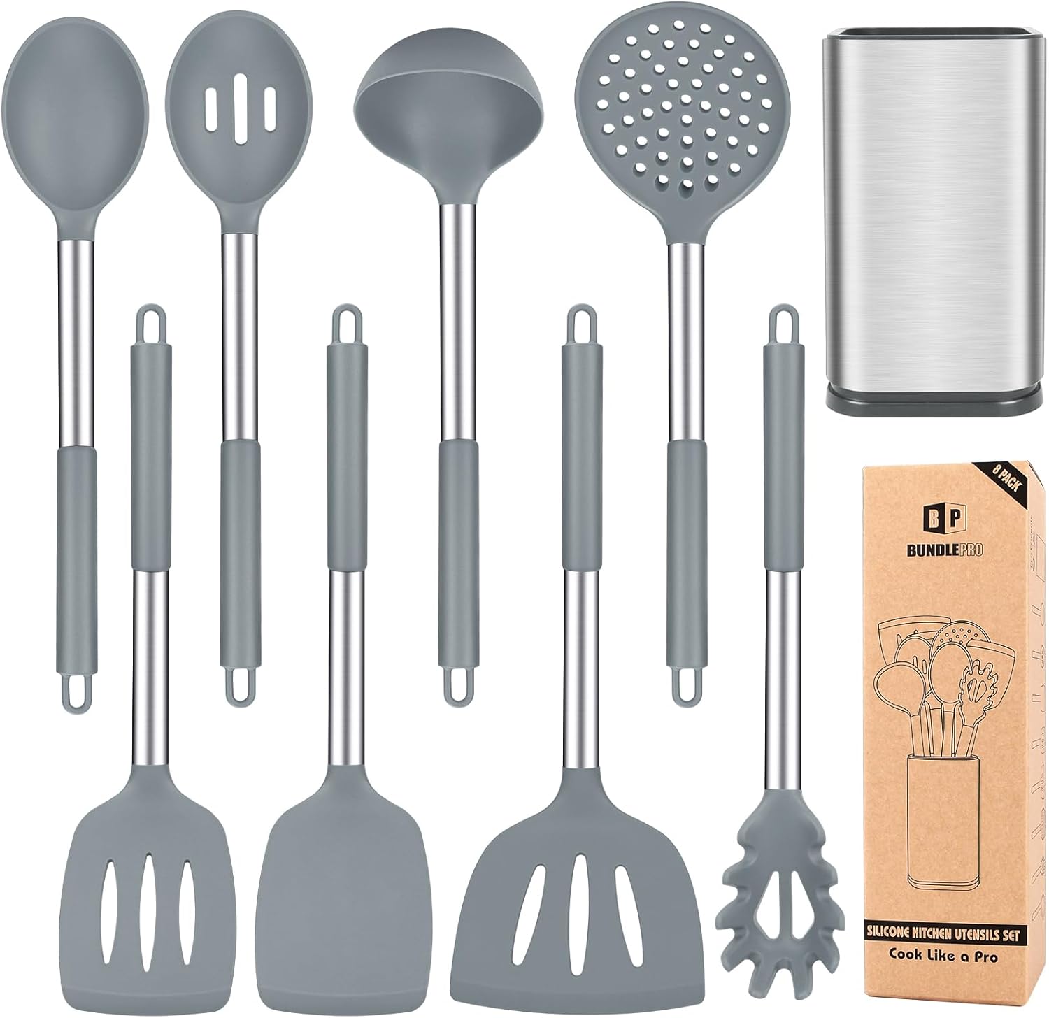 Silicone Cooking Utensil Set, 8Pcs Non-stick Cookware with Stainless Steel Handle, BPA Free Heat Resistant Kitchen Tools with Spatulas, Turnesr, Spoons, Skimer and Pasta Fork (GRAY) Silicone Cooking Utensil Set, 8Pcs Non-stick Cookware with Stainless Steel Handle, BPA Free Heat Resistant Kitchen Tools with Spatulas, Turnesr, Spoons, Skimer and Pasta Fork (GRAY)