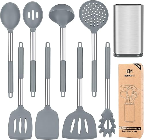BUNDLEPRO Juego de utensilios de cocina de silicona, 8 utensilios de cocina antiadherentes con mango de acero inoxidable, herramientas de cocina