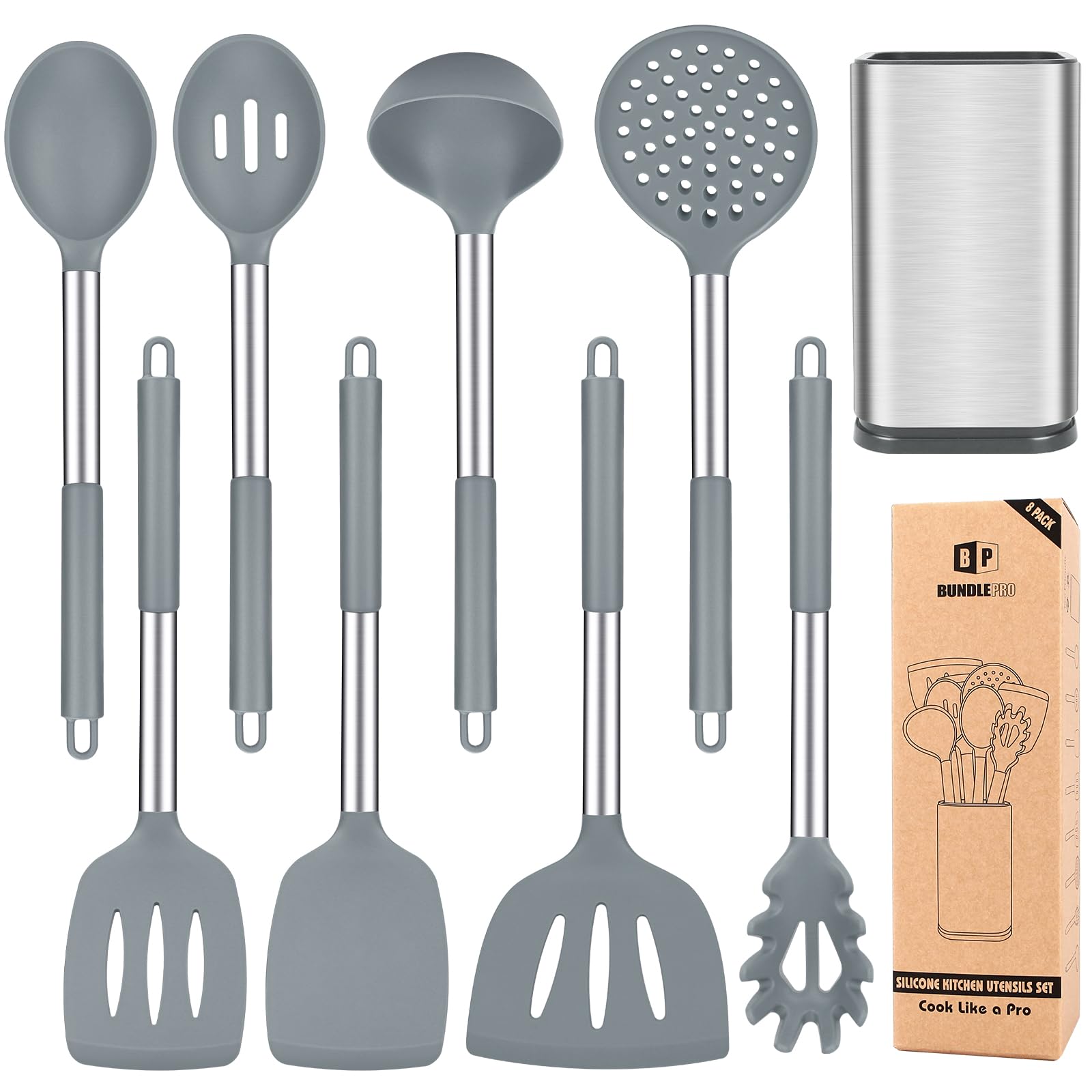 Set di 8 utensili da cucina in silicone, antiaderenti, con manico in acciaio inossidabile, senza BPA, resistenti al calore, con spatole, tornitori, cucchiai, schiumarola e forchetta per pasta (grigio)