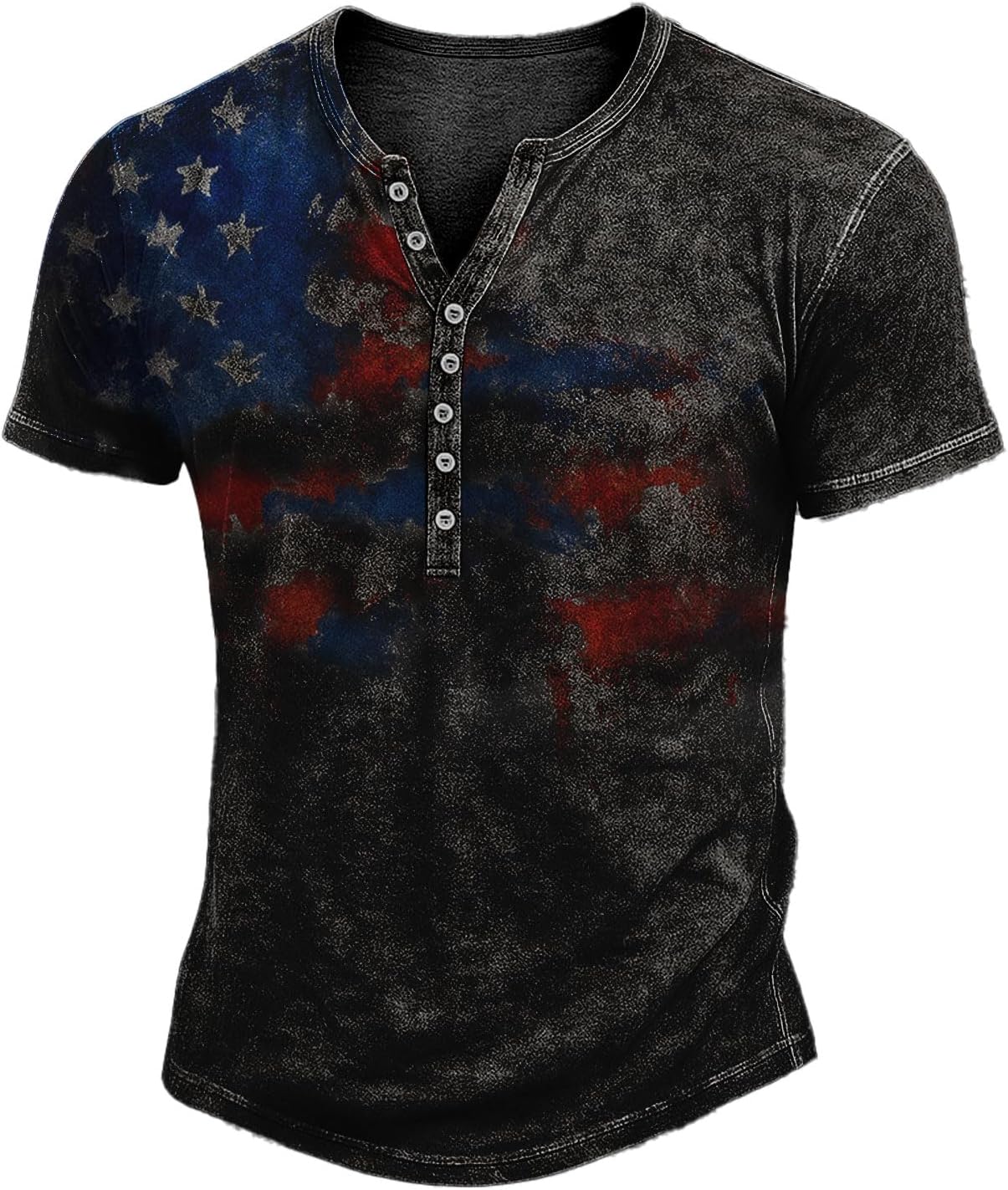 Mens Printing Graphic Henley Shirts Vintage Short Sleeve Tee Shirts Casual Button Down Washed T-Shirts for Men Black Medium