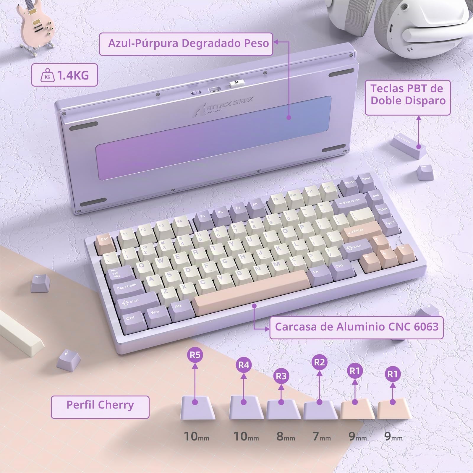 ATTACK SHARK X75 Via Teclado Mecánico Gaming Inalámbrico Completo De Aluminio, BT/2.4G/USB-C, Interruptores Lineales Intercambiables RGB, Diseño QWERTY del 75% con 5 Capas De Amortiguación-Púrpura