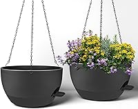 2 Pack 12 Inch Self-Watering Hanging Planters with Chains - Black Plastic Pots for Indoor Outdoor Plants, Porch Garden Decor