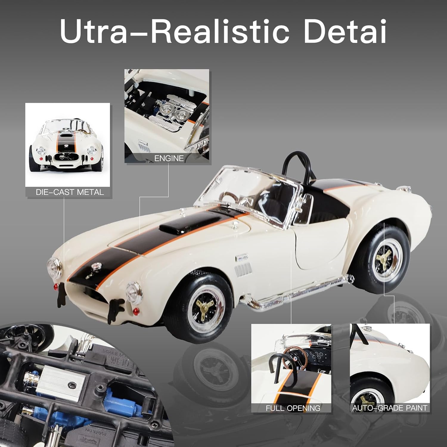 1964 Shelby Cobra 427S/C 1:18 Diecast - 7.0L V8 Semi-Competition | Opening Doors, Steering Linkage, Premium Gift Box | Ages 14+,White
