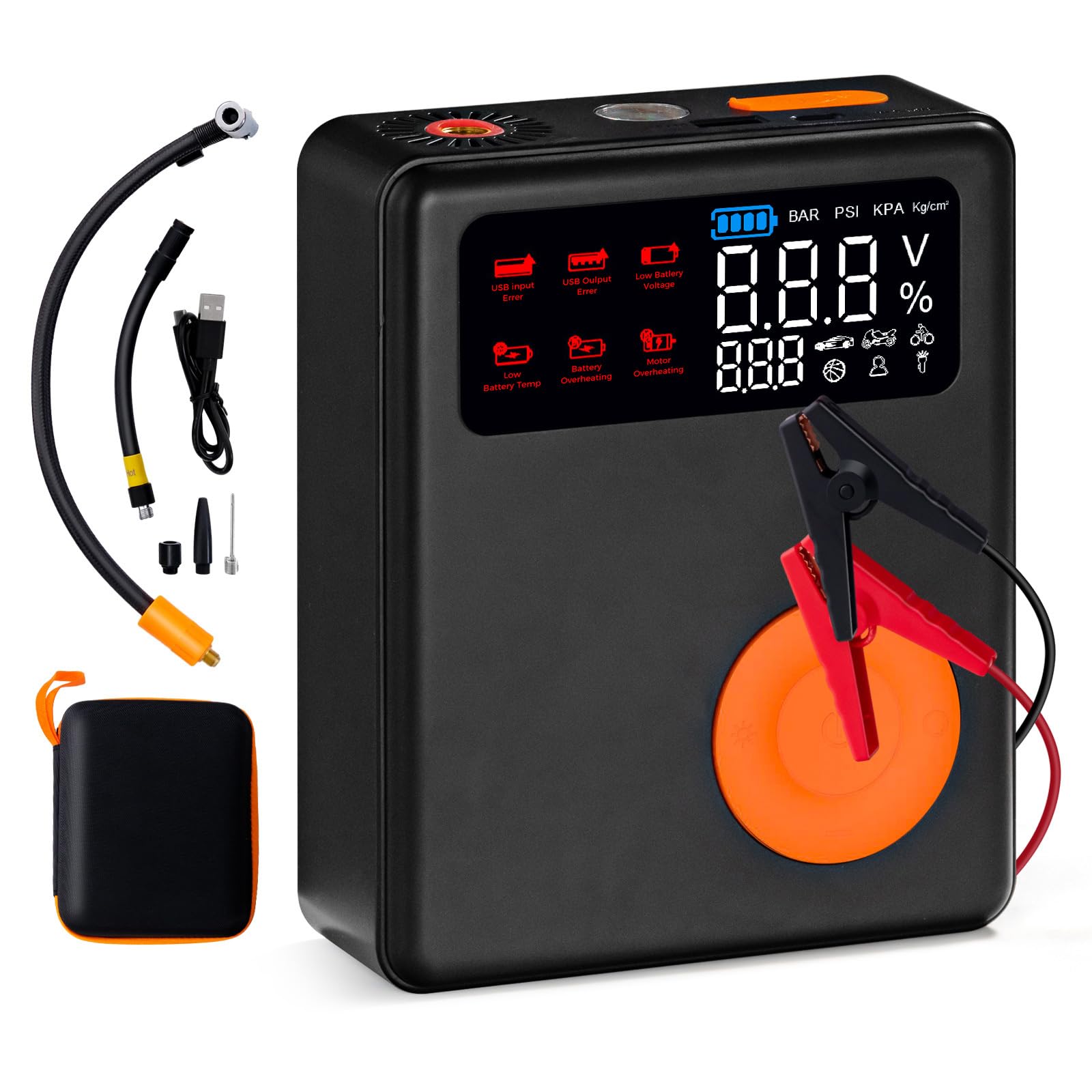 GYMAX Arrancador de Baterías para Coche, 2000A, 12V (para Motores de hasta 8.0L de Gasolina o 5L de Diésel), Arrancador de Coches Portatil con Carga Rápida USB y Linterna LED de Emergencia