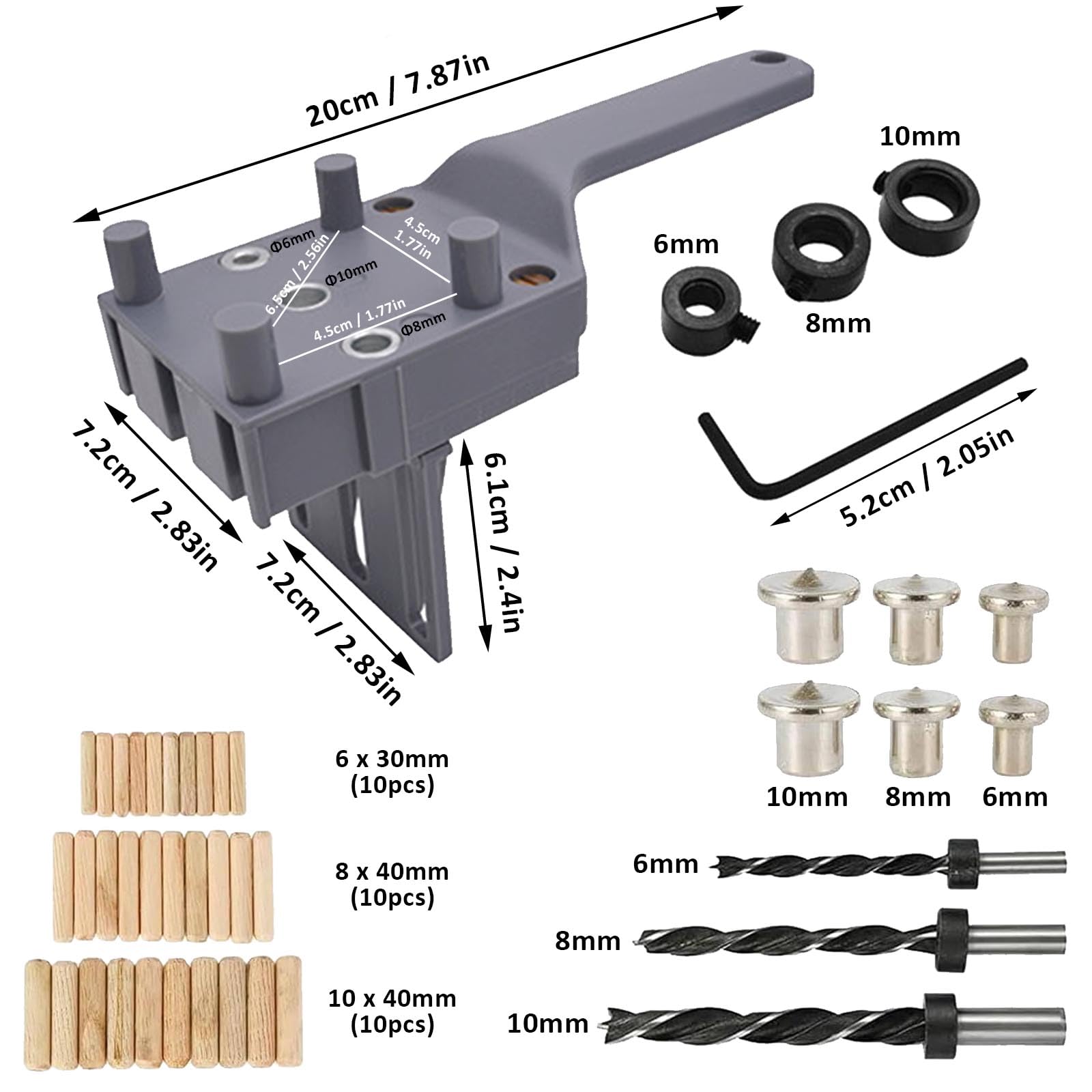 thirei 44Pcs Dowel Jig Kit, Metal Sleeve Wood Drilling, Drill Jig, 6/8/10mm Woodworking Positioning Pin Fixture Kit, for Woodworking Drilling, Grey - Image 3