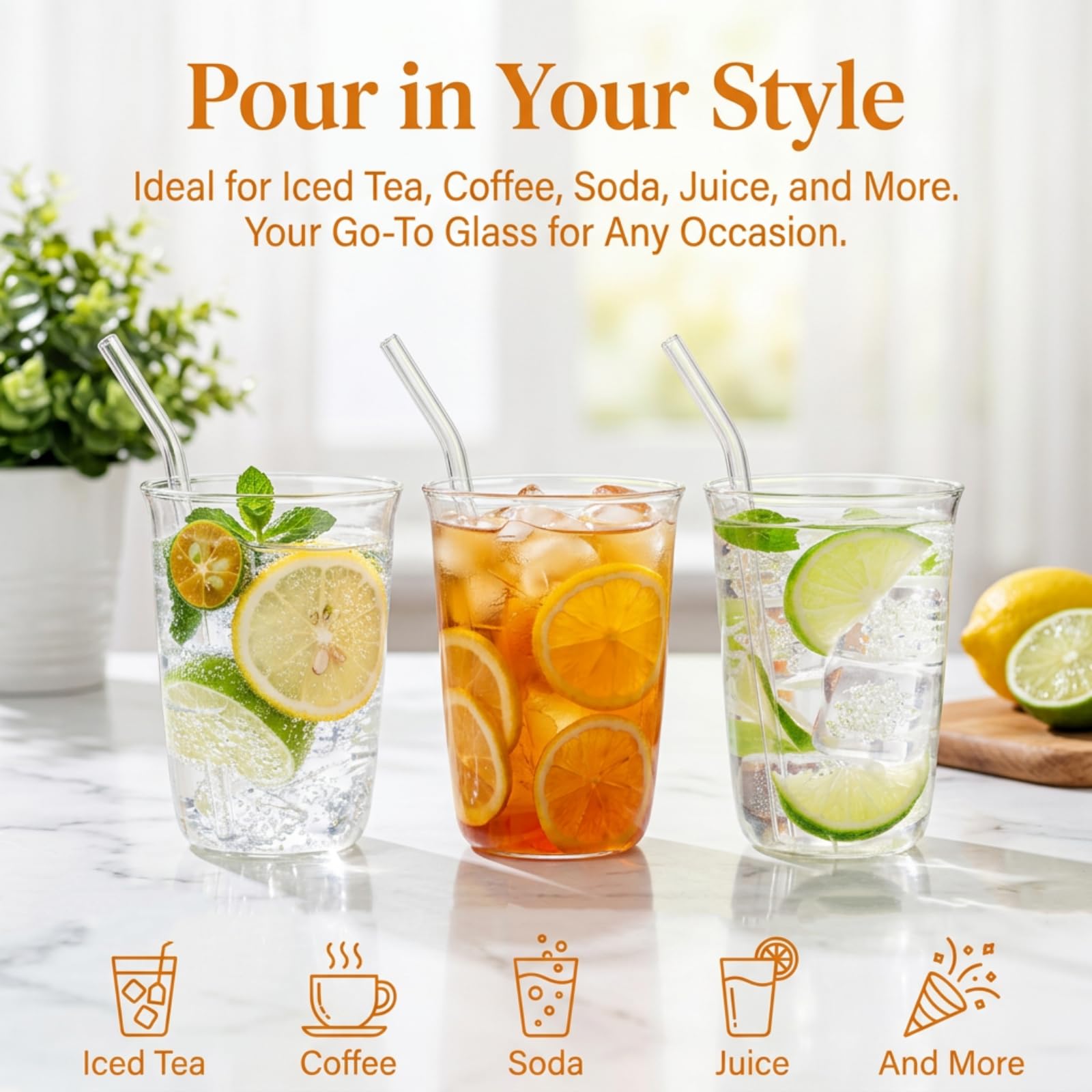 6 Trinkgläser mit Strohhalm, 473 ml, klares Wasserglas-Set | Bleifreie Highball-Glasbecher für die Küche, Glaswaren für Saft, Getränke, Cocktail, Eistee, Kaffee, Limonade