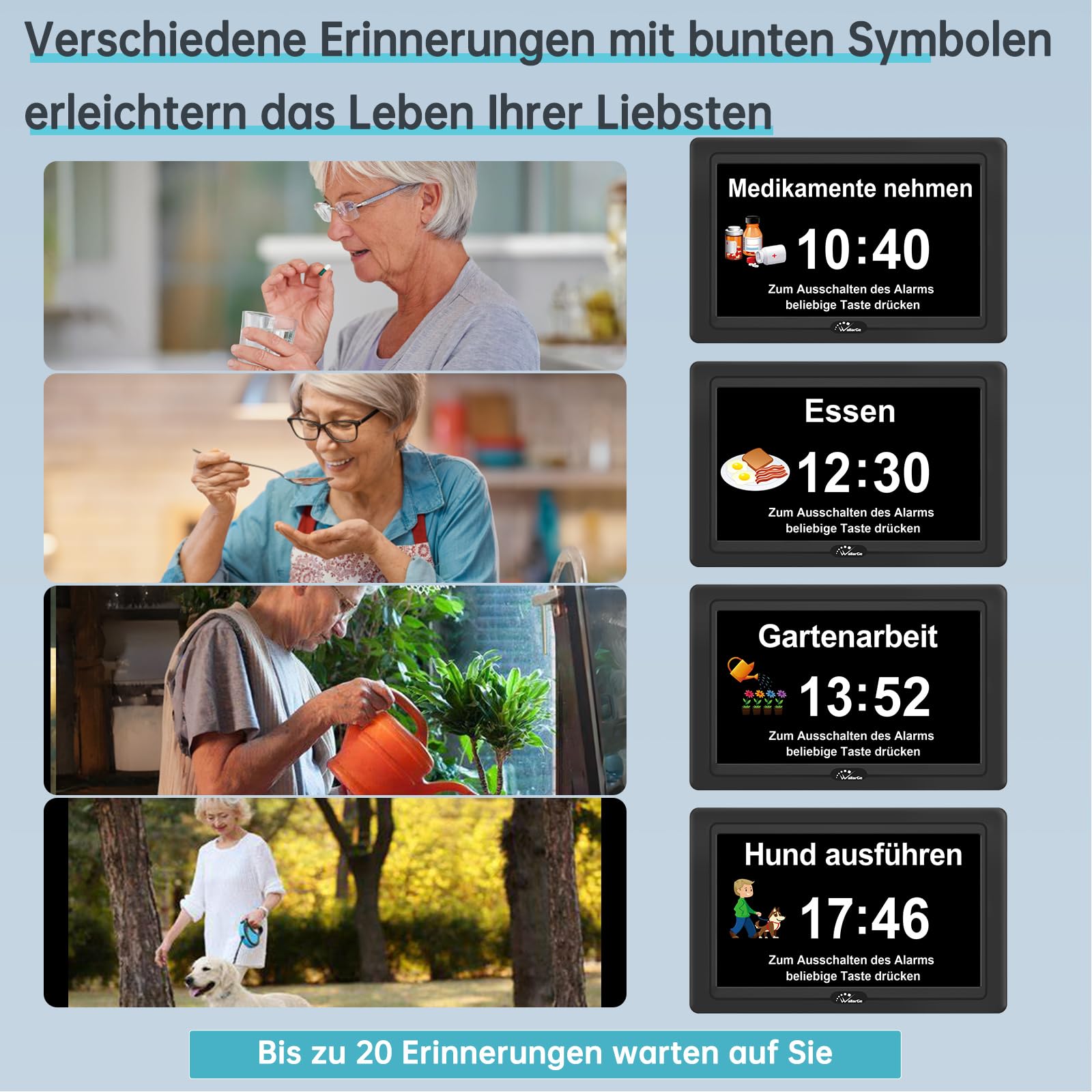 WallarGe Digitaler Demenz Uhr Großes Display für Senioren, Plug in elektrische Datum Tag der Woche Kalender Uhr 20 Erinnerungen 3 Klingeltöne 10 Stufen Lautstärke, Auto DST (7 Zoll,Schwarz)