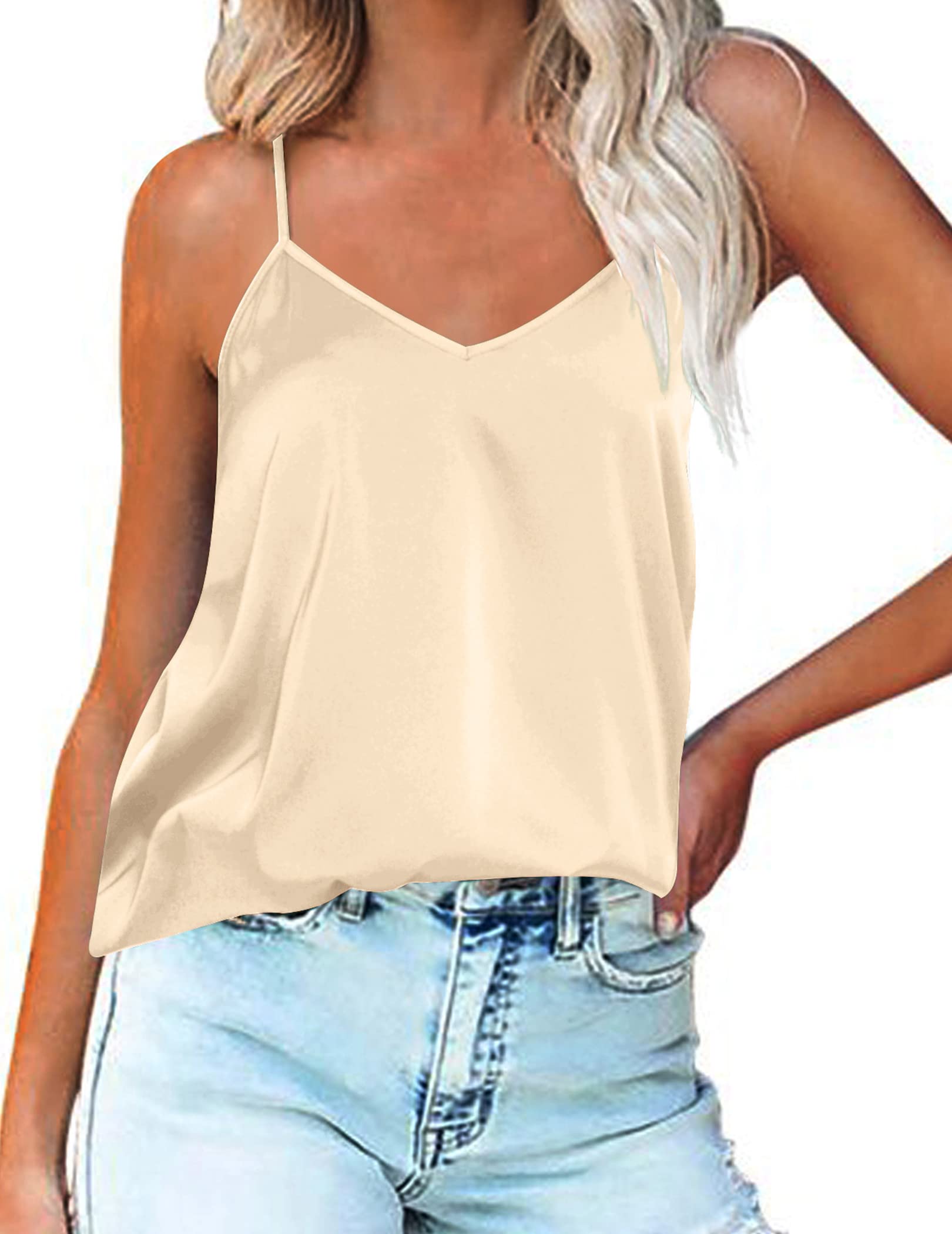 Ekouaer Women's Satin Vests Tank Top Silk Cami Camisole Spaghetti Straps V-Neck Basic Tanks Adjustable Strap S-XXL