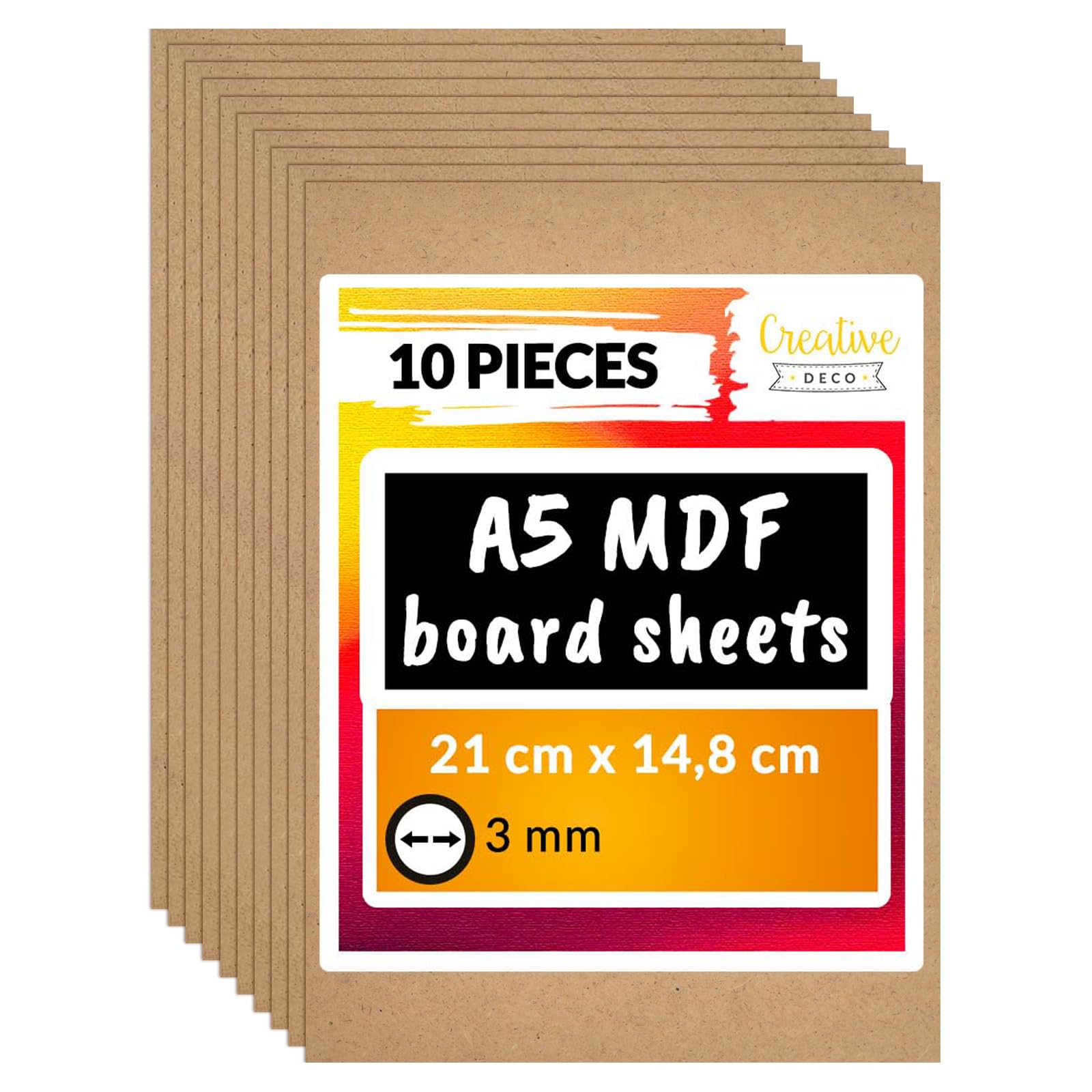 Creative Deco 10 x A5 MDF Board Sheet | 148 x 210 x 3mm Wood | Wooden Blank for Drawing, Home Decor, Art and Craft, Painting, DIY Projects, Laser Cutter, CNC Cutting, Scroll Saw, Stenciling Pyrography