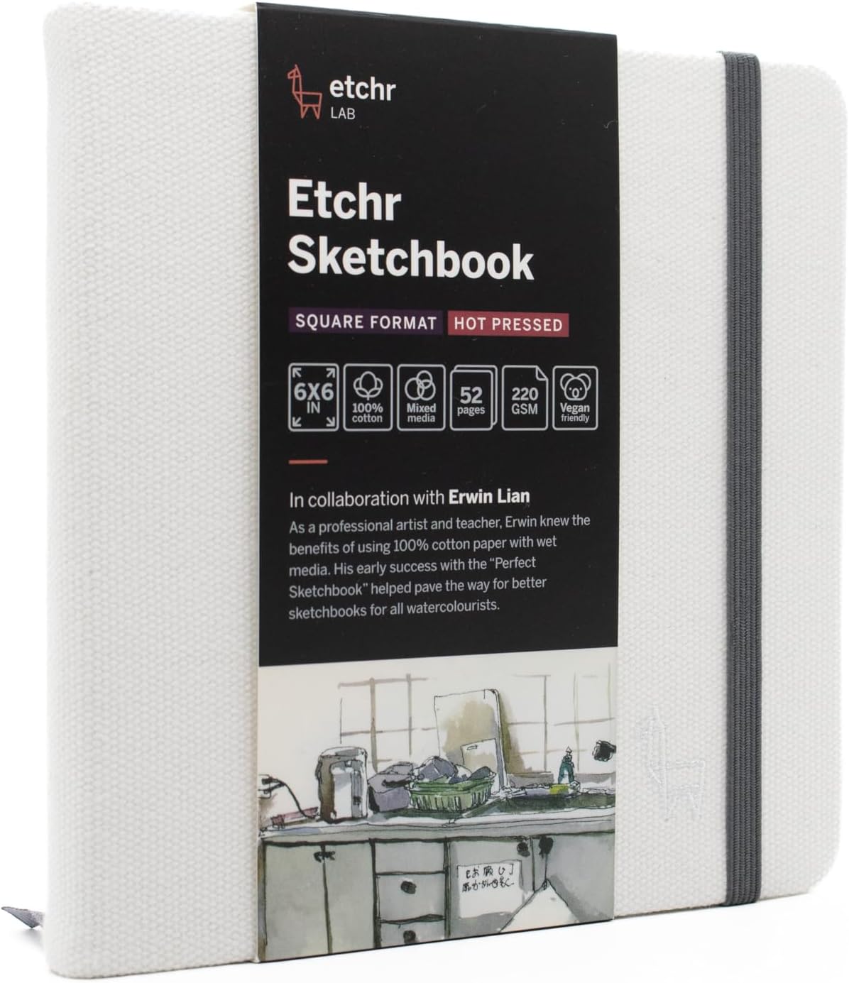 Etchr Sketchbook 6” Square - Hot Press Mixed Media 100% Cotton - Hardcover Sketchbook 6”x6 with 52 Pages