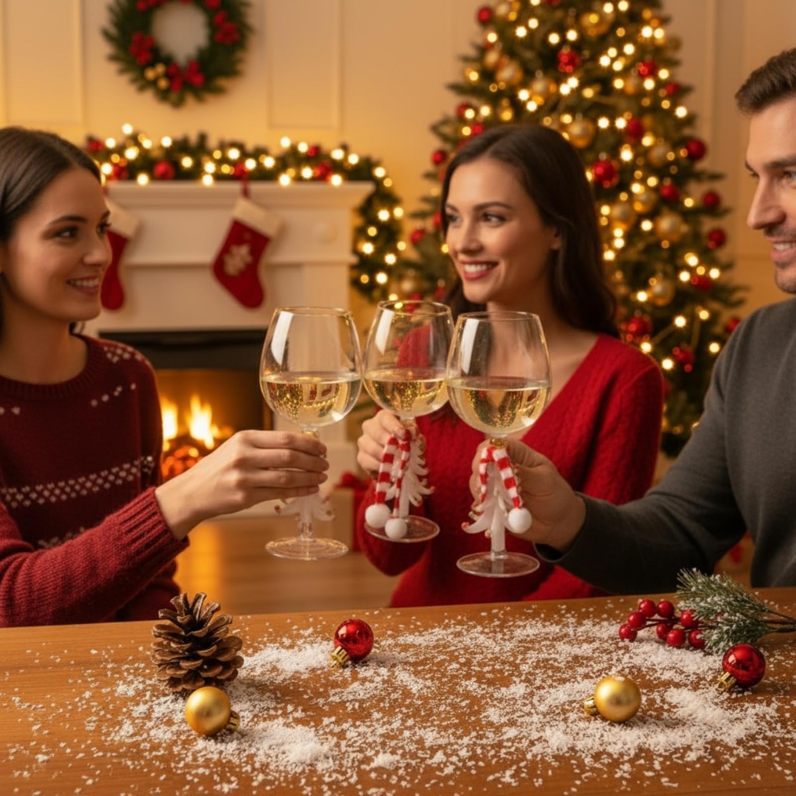 Bicchiere da vino con albero di Natale, 300 ml, con sciarpa, decorazione in cristallo, per feste, feste, regalo per gli amanti del vino (verde e bianco)