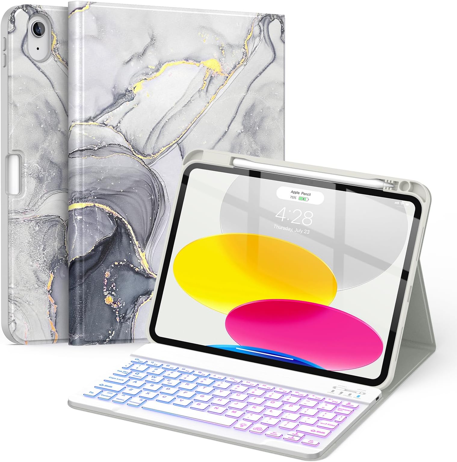 for iPad (A16) 11th/10th Generation Case with Keyboard(2025/2022)-7 Color Backlight Wireless Detachable Folio Keyboard Cover with Built-in Pencil Holder for iPad 11/10.9 inch, Grey Marble