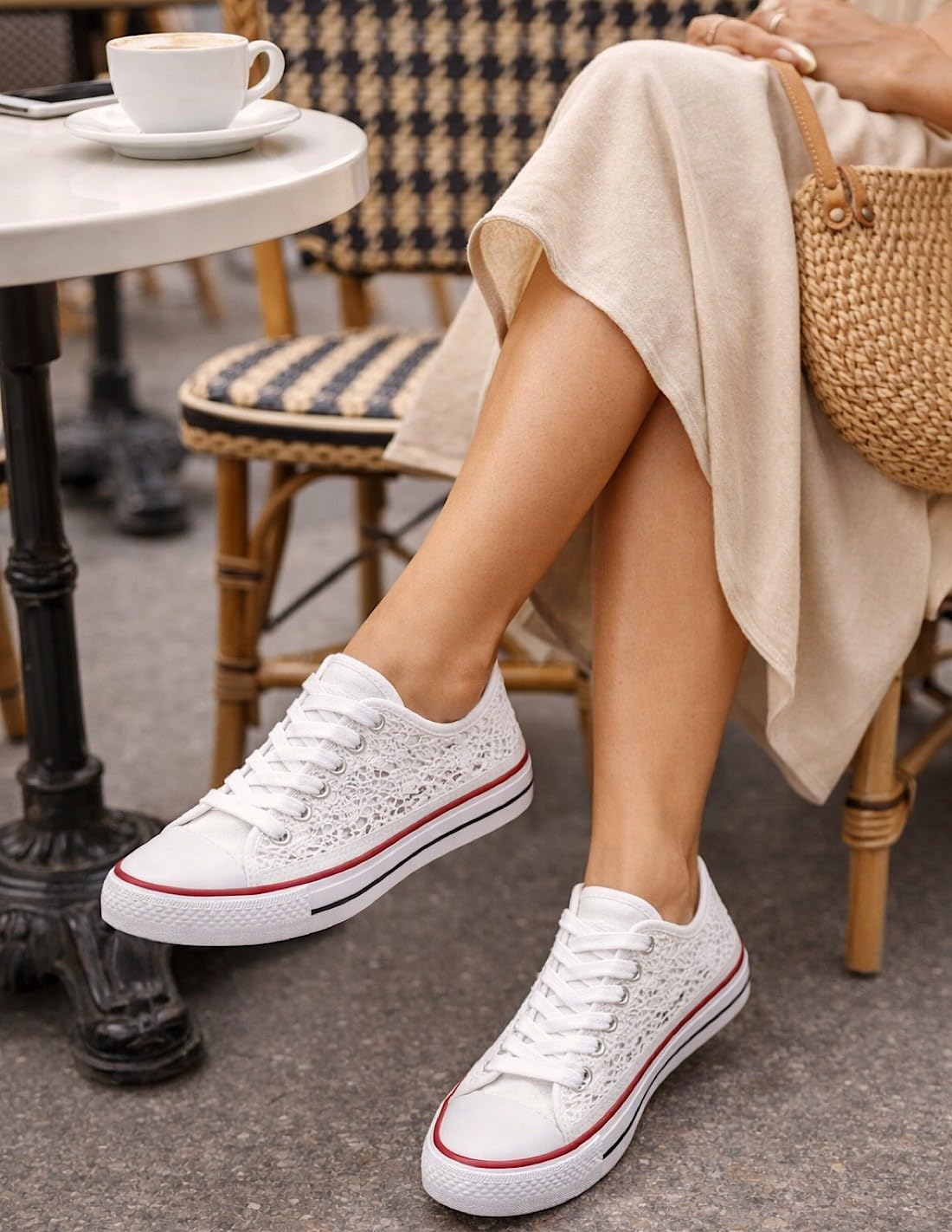 Basket femme dentelle blanche, noire ou bleu marine – Sneakers basses confortables et respirantes – Chaussures été