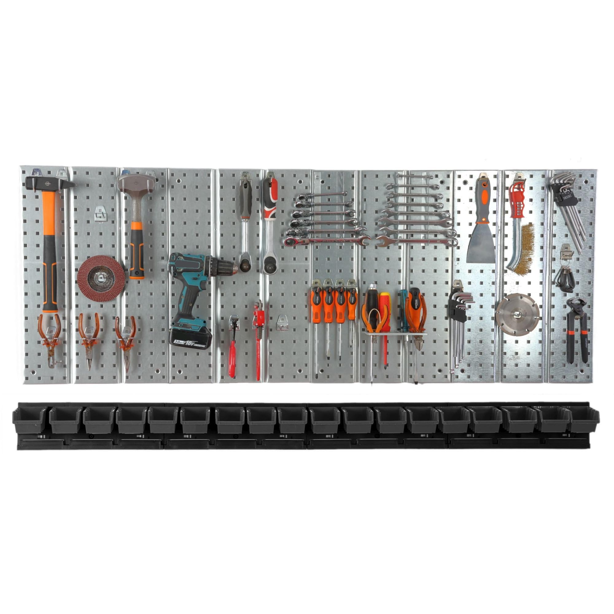 Metalowa ścianka narzędziowa 156 x 72 cm, system przechowywania z uchwytami na narzędzia, hakami narzędziowymi i 18 pudełkami do układania w stos 80 x 115 x 60 mm, kolor: czarny, deska perforowana do