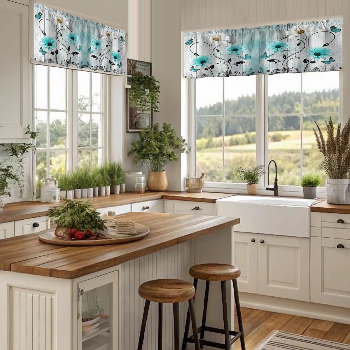 AAtter Teal Floral Kitchen Valance Curtains for Window Farmhouse Vintage Rustic Turquoise Butterfly Flower Small Short Home Living Room Bedroom Bathroom Drapes Fabric 2 Piece, 52" W x 18" L*2, Country