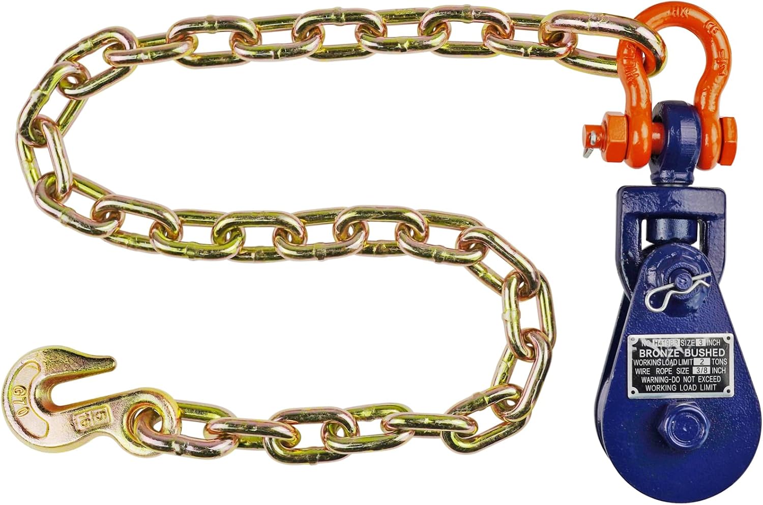 2 Ton Snatch Block with Chain，3'' Single Sheave Snatch，Chain Length: 30 inches; Specification: 5/16" G70 Grade, 25 Links， for Flatbed, Tow Truck, Wrecker Carrier.