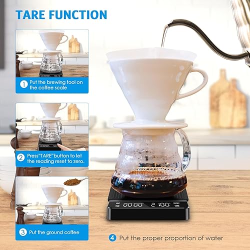 Miniatura 5 de AMIR Báscula de café digital con temporizador, 6.6 lbs0.00 oz de alta precisión recargable de goteo de expreso, báscula portátil de espresso con 3