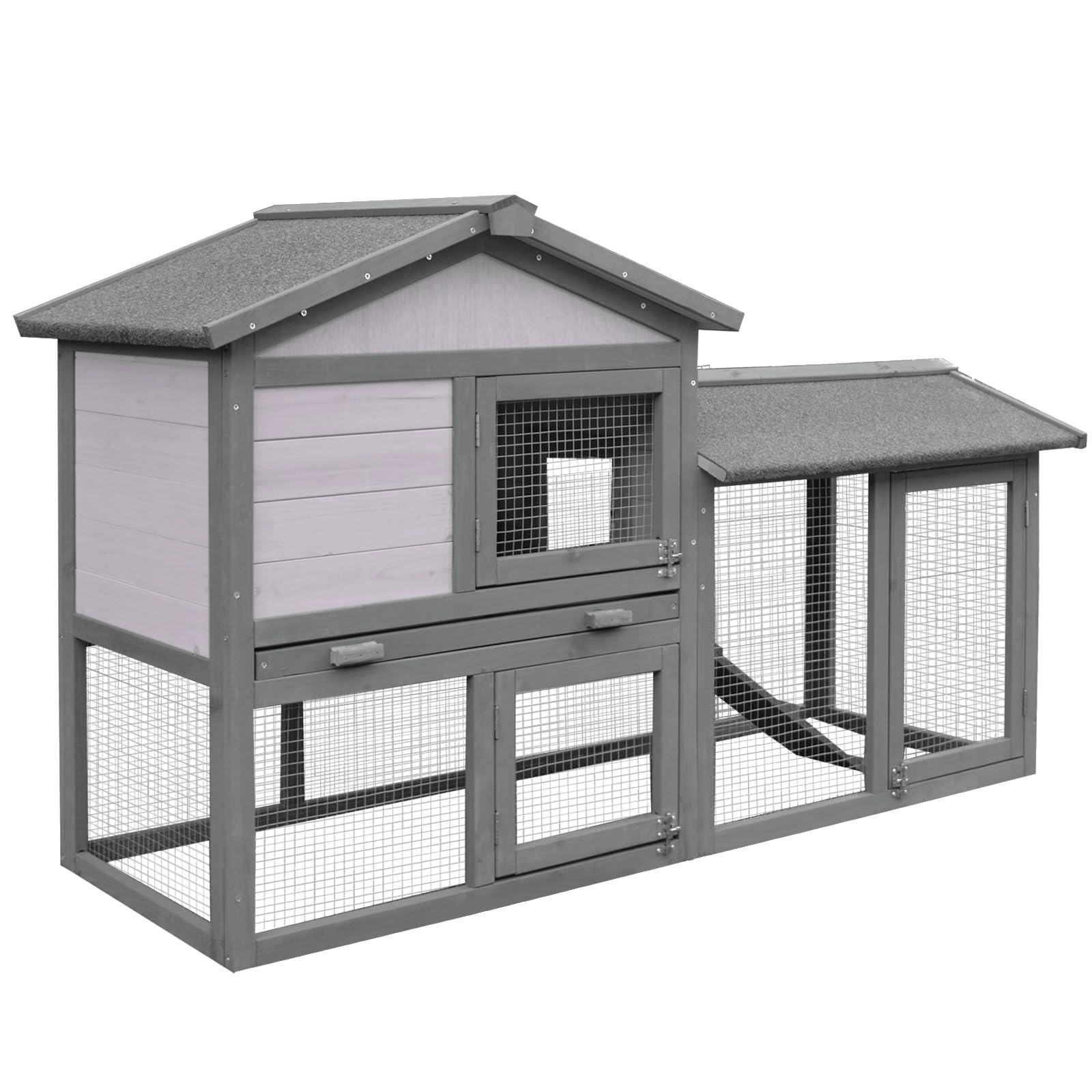PawHut Conigliera Gabbia per Conigli da Esterno con Casetta 147x54x84cm | in Legno, Spazio Aperto Recintato, Tetto