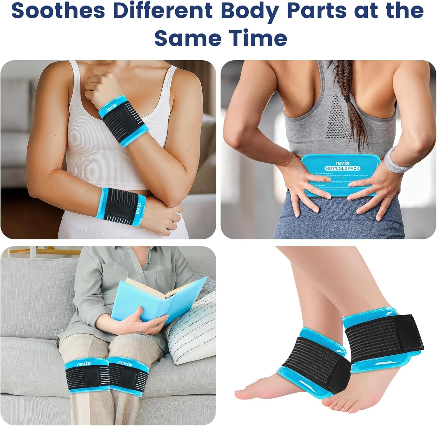 REVIX Ice Packs for Injuries Reusable, 2 Packs Hot & Cold Gel Ice Packs with PVC Cooling Design & Adjustable Strap, Flexible Therapy on Joints, Muscles, Shoulder, Back and Knee (10" x 5" Blue) - Image 4