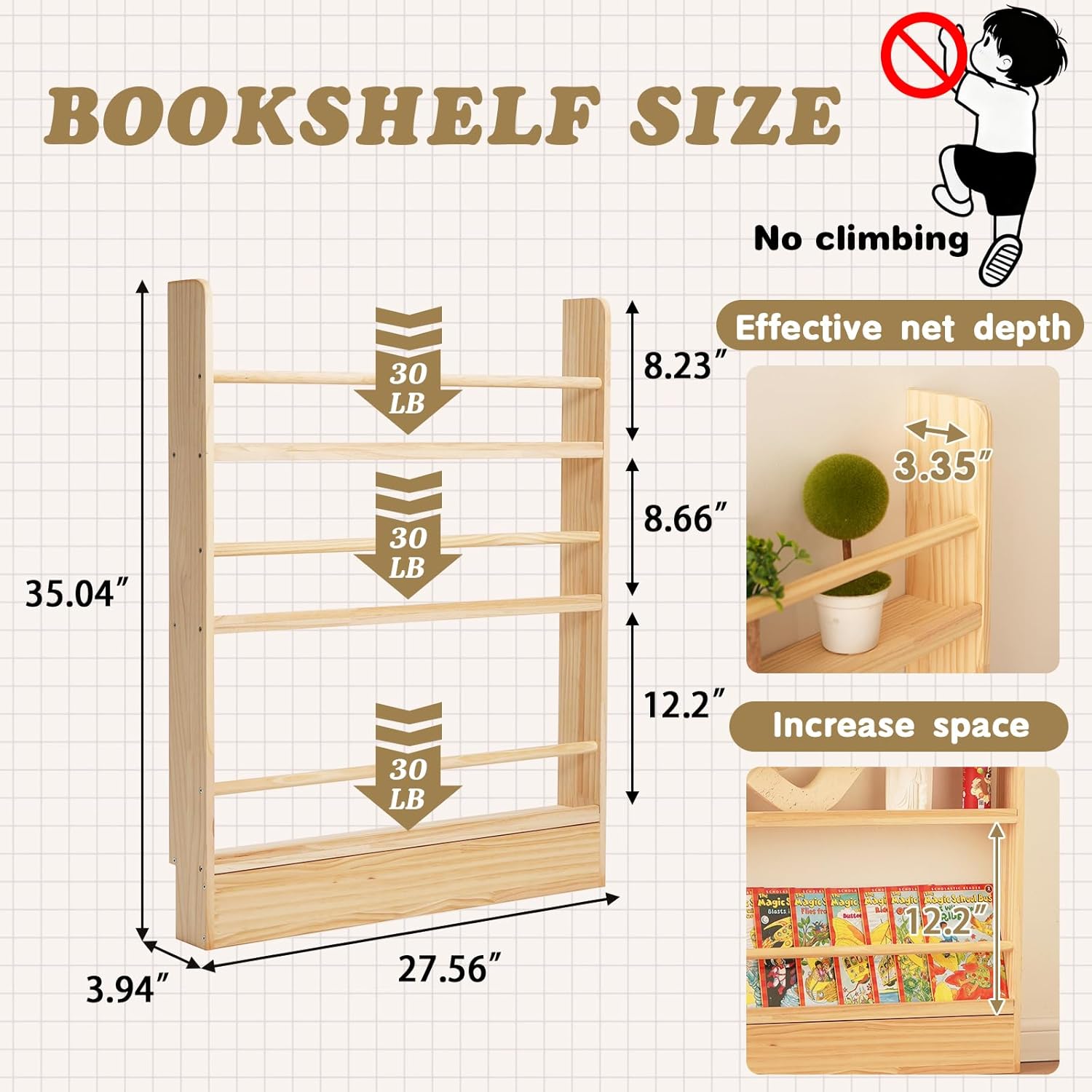 baveke kids bookshelf, 3 tier shelves behind the door book shelf storage, children's solid wood bookcase space- saving, wall mount bookshelf for bedroom, living room, nursery?fsc-certified wood? walnut, black, log 3 tier-wood