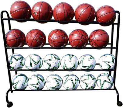 Ball Organizer Basket School Sports Ball Rack Rolling Basketball Storage Cart with Wheels, Sturdy Steel Frame, Garage Gym Equipment Organizer, Black Size 4-tier