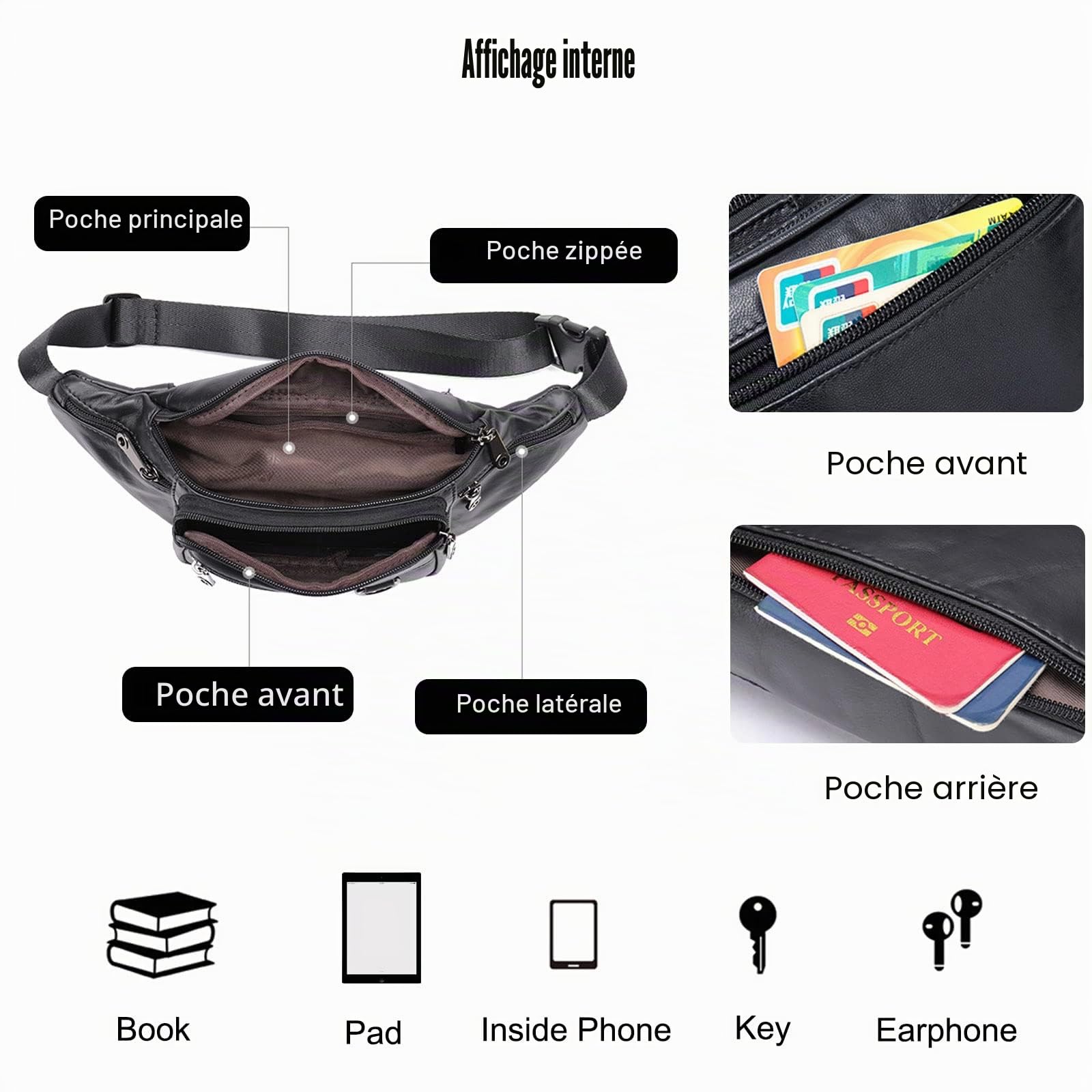 FANDARE Rétro Sac Banane Sac à la Taille Ceinture de Course Homme Femme Sac Poitrine Cuir Sac Bandoulière Sacoche Sac d'Epaule pour Voyage Sports Travers Cyclisme Moto Imperméable Sling Bag Noir B
