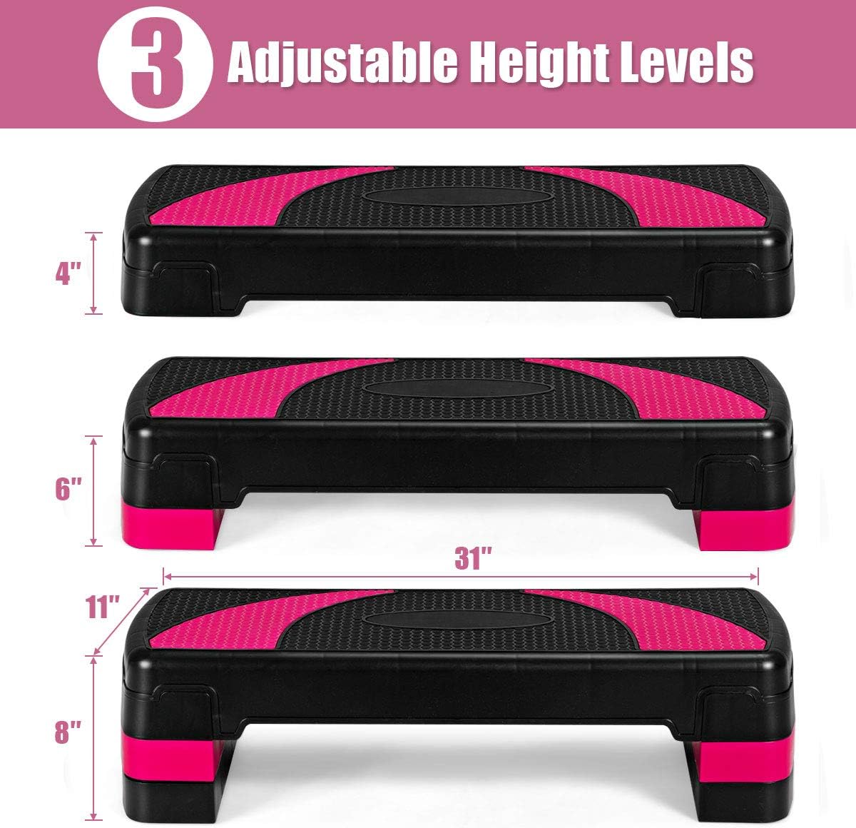 GOPLUS 31" Aerobic Exercise Stepper Deck, Adjustable Fitness Workout Step Platform Trainer with Risers, 4”6”8”Levels Height-Adjustable, for Home Gym and Office