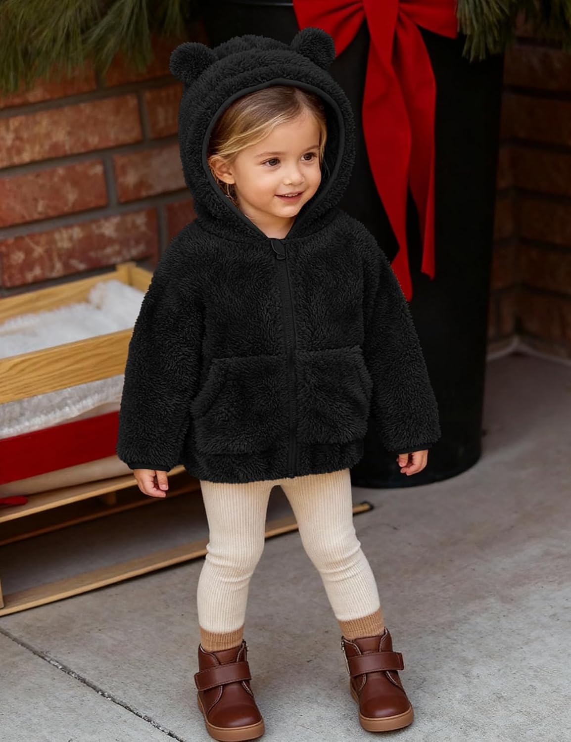 Flygo Girls Boys Fleece Hooded Jacket Unisex Toddler Sweatshirt Bear Ear Zip Up Sweater Outwear Hoodie - Image 2