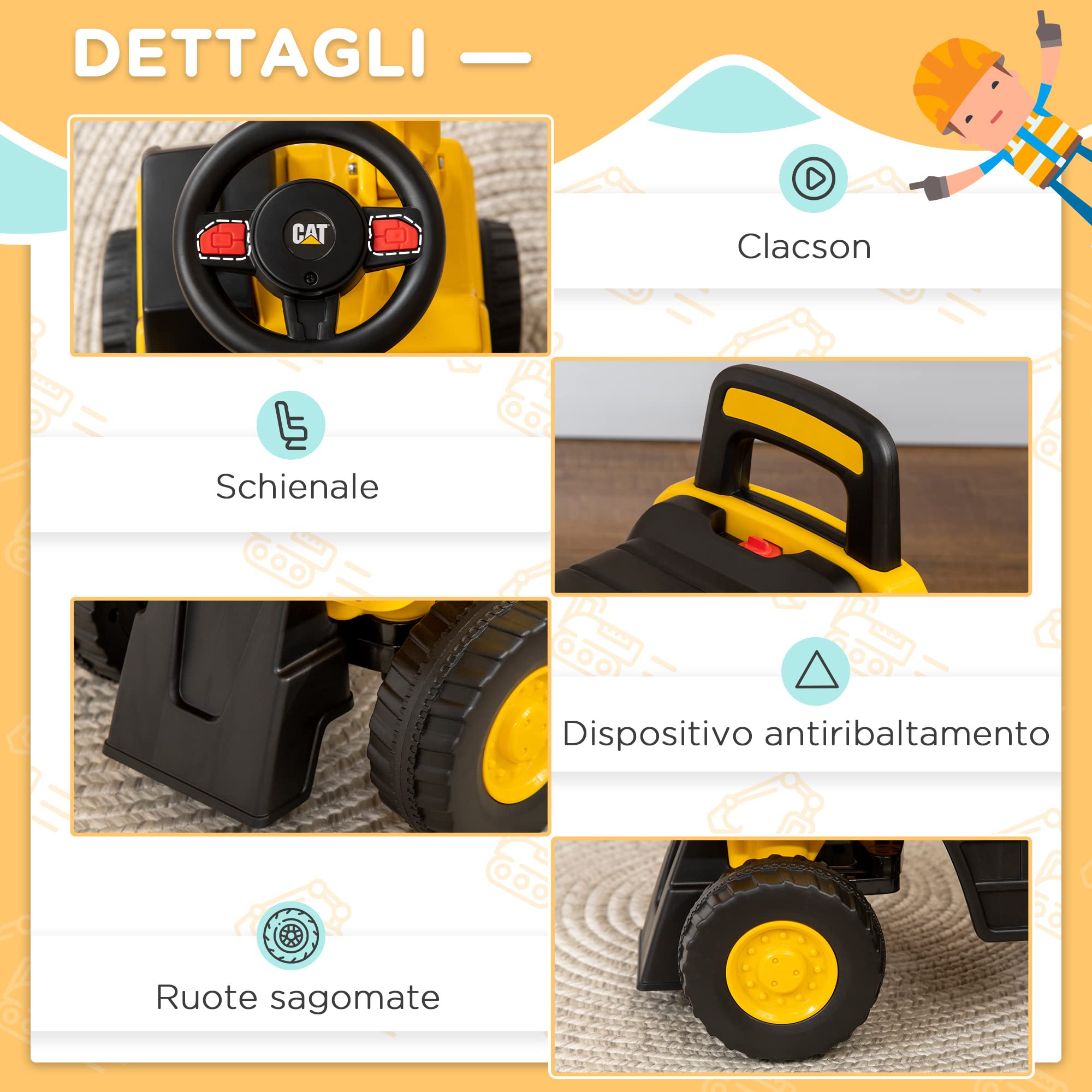 HOMCOM Ruspa Giocattolo con Licenza Caterpillar e Vano Contenitore, Escavatore Giocattolo Cavalcabile per Bambini da 1-3 Anni, Senza Batteria, Giallo