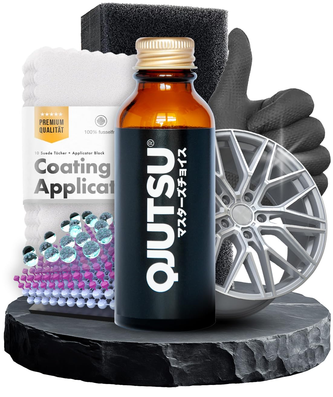 Shiny Freaks Felgenpflege Auto Set: Soft99 Qjutsu Wheel Coat (50ml) Felgenversiegelung + chemicalworkz Coating Applicator Kit - wirksamer Felgenschutz, Hitzebeständig & stark Hydrophob | 4-teilig