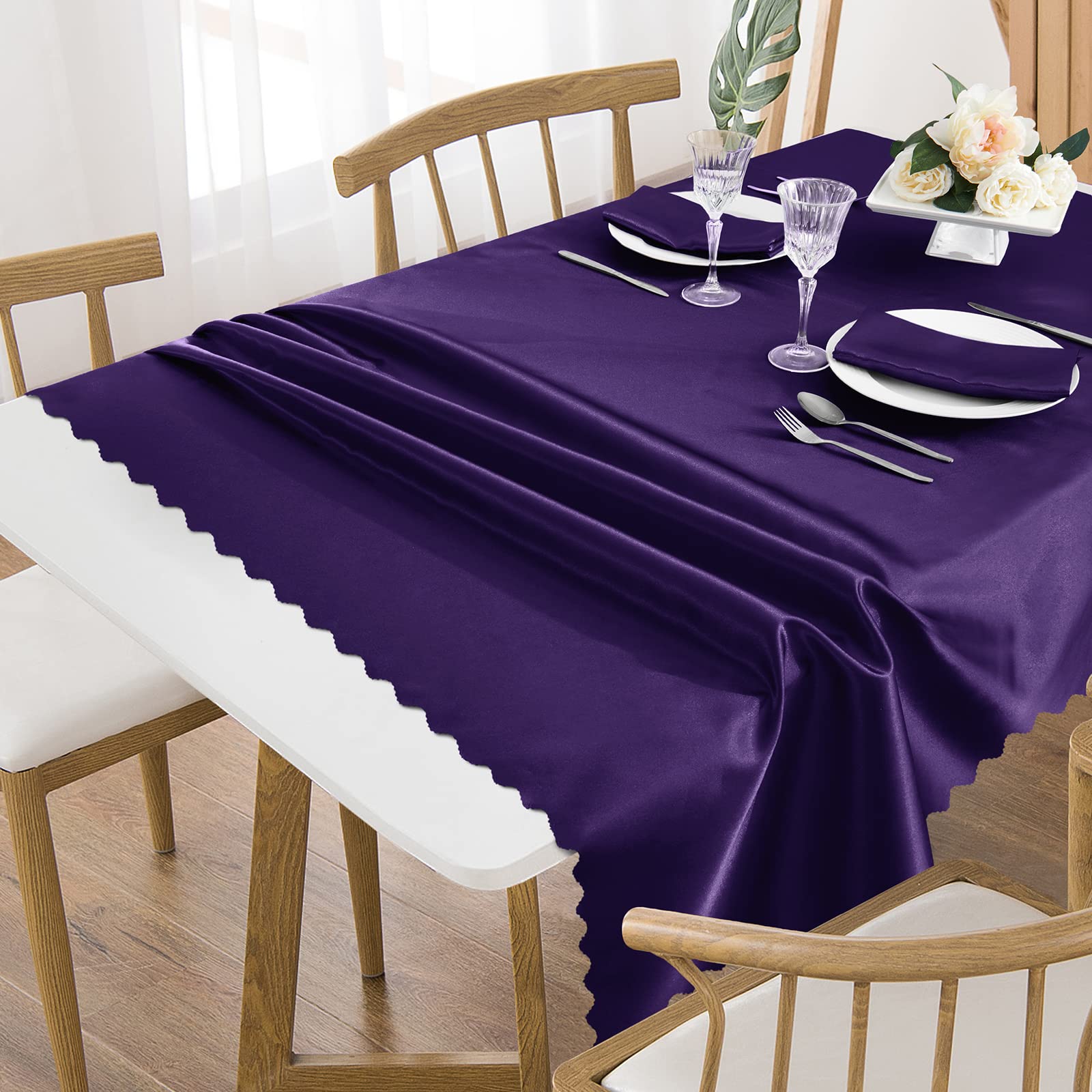 Manyshofu Purple Satin Tablecloth Rectangle 58 x 102 Inch - Scalloped Tablecloth(1 Pack), Oblong Satin Table Cloth Waterproof Silky Table Cover for