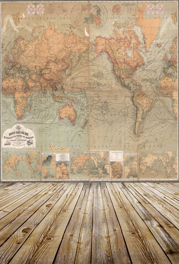 AOFOTO 5x7ft Vintage World Map Photography Nostalgic Backgrounds Artistic Backdrops Retro Wooden Floors Adult Boy Man Younger Kid Baby Toddler Girl