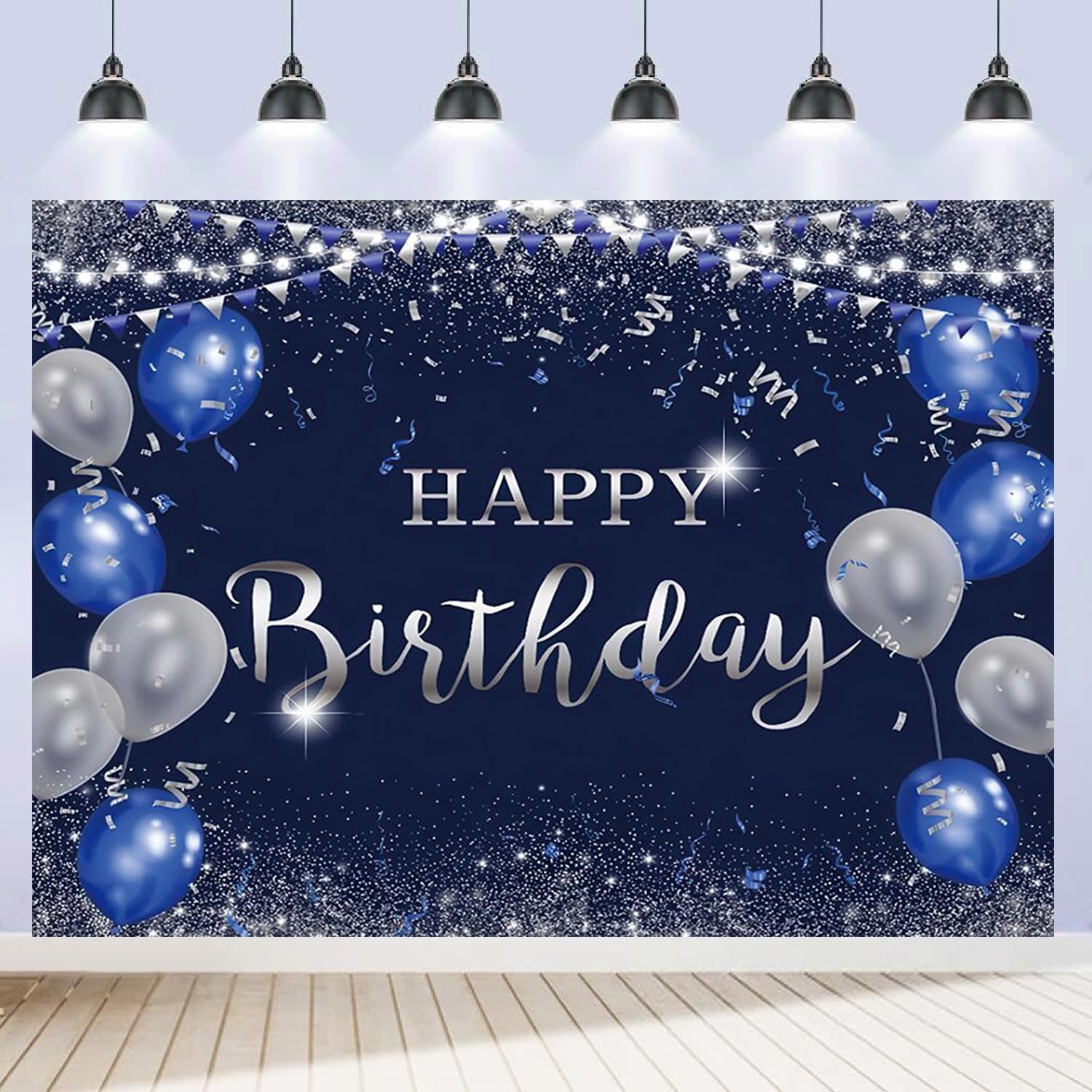Happy Birthday Backdrop 7x5ft for Men Boys Navy Blue and Silver Happy Birthday Banner Decorations Large Birthday Party Photo Background Poster for