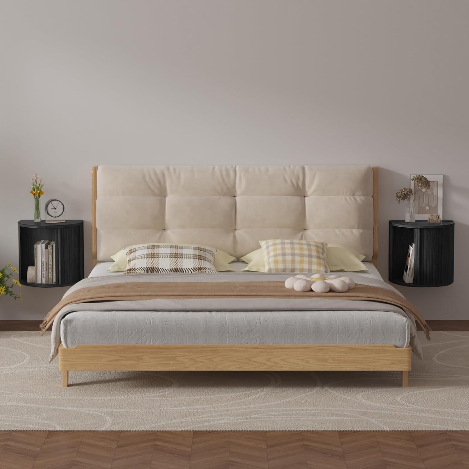 Wooden Floating Nightstand Set of 2,Curved Wall-Mounted Small Space Bedroom Bedside Table with Fluted Sliding Roller Shutter Door Design,Save Floor Space,Suitable for Bedroom (Black-03)