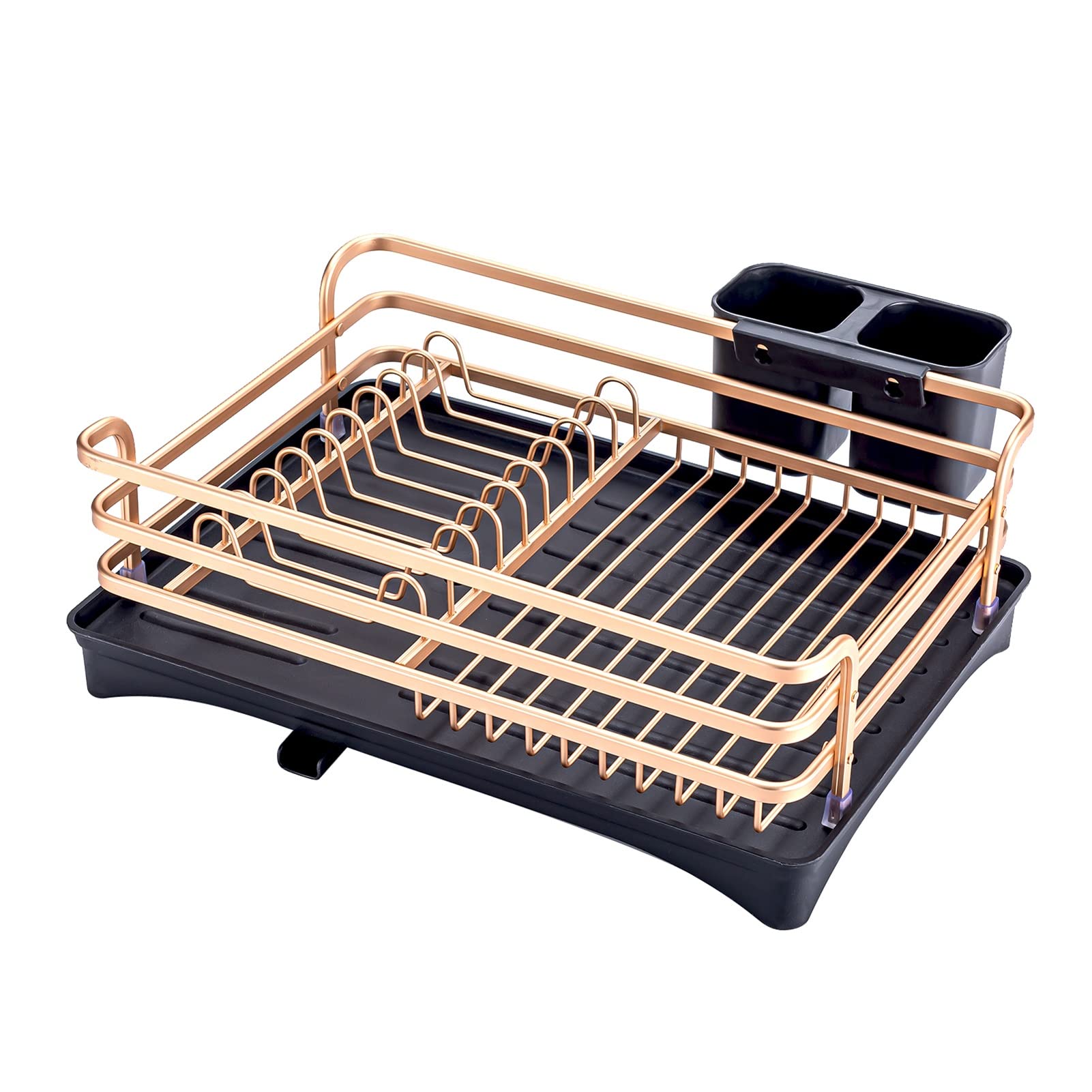 Aluminum Alloy Dish Rack with Drainage Outlet Storage Rack for Dishes Kitchen Rack Kitchen Sink Drying Shelf Bowl Holder Tool Holder Storage Box Drain Rack with Chopsticks Holder Black Gold