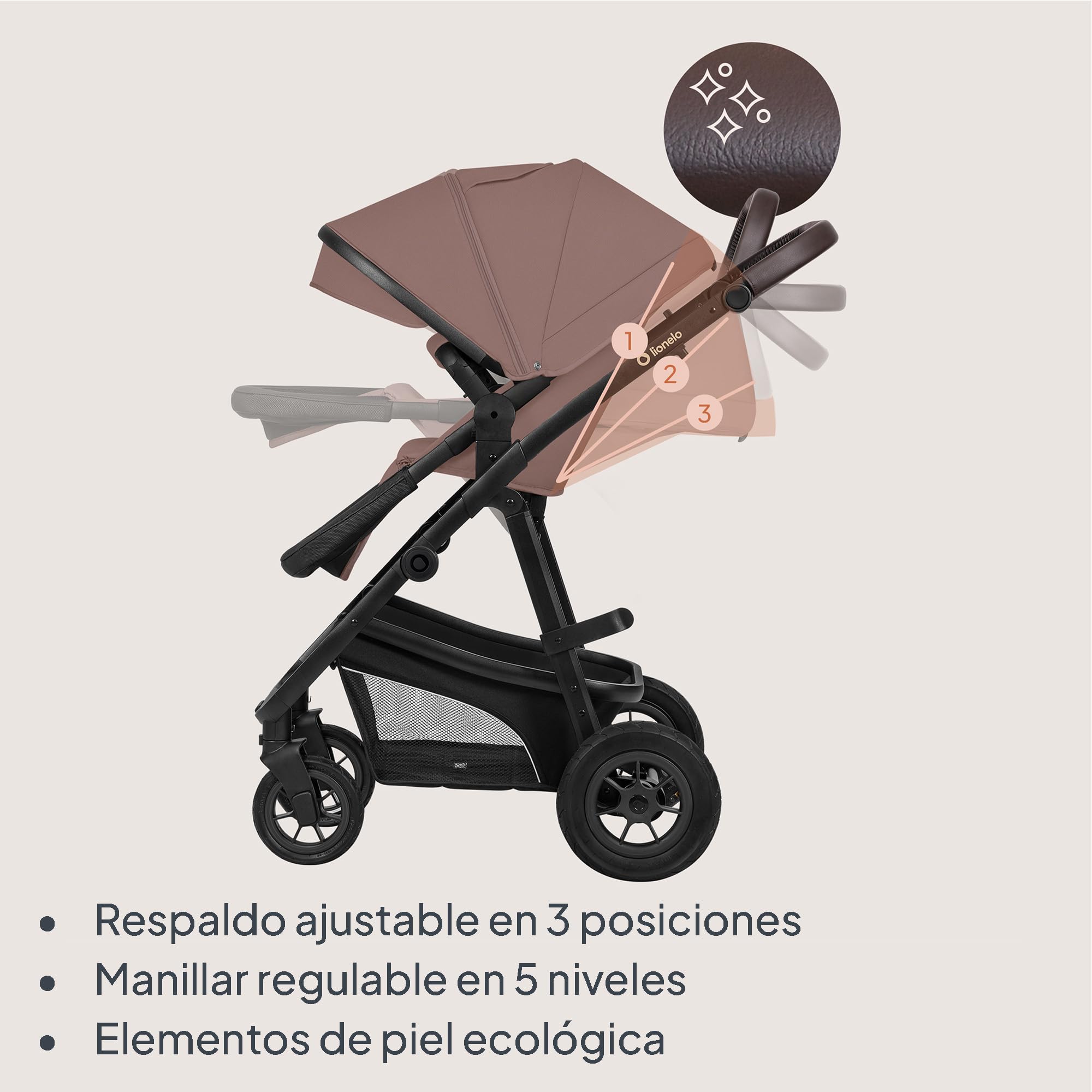 LIONELO BIANKA Cochecito de Bebé 3 en 1 (22 kg) Portabebés (9 kg) Silla de Coche (13 kg), Plegable, Sistema de Viaje Respaldo Ajustable Ruedas 360o Amortiguación, Capota XXL, Carrito de Bebe