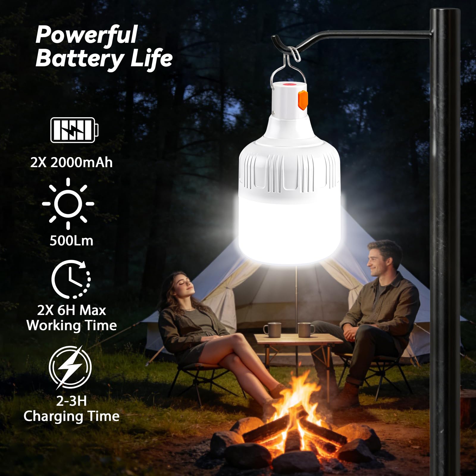 Lámpara Camping Recargable LED 500LM 3 Modos Impermeable Portátil con Gancho