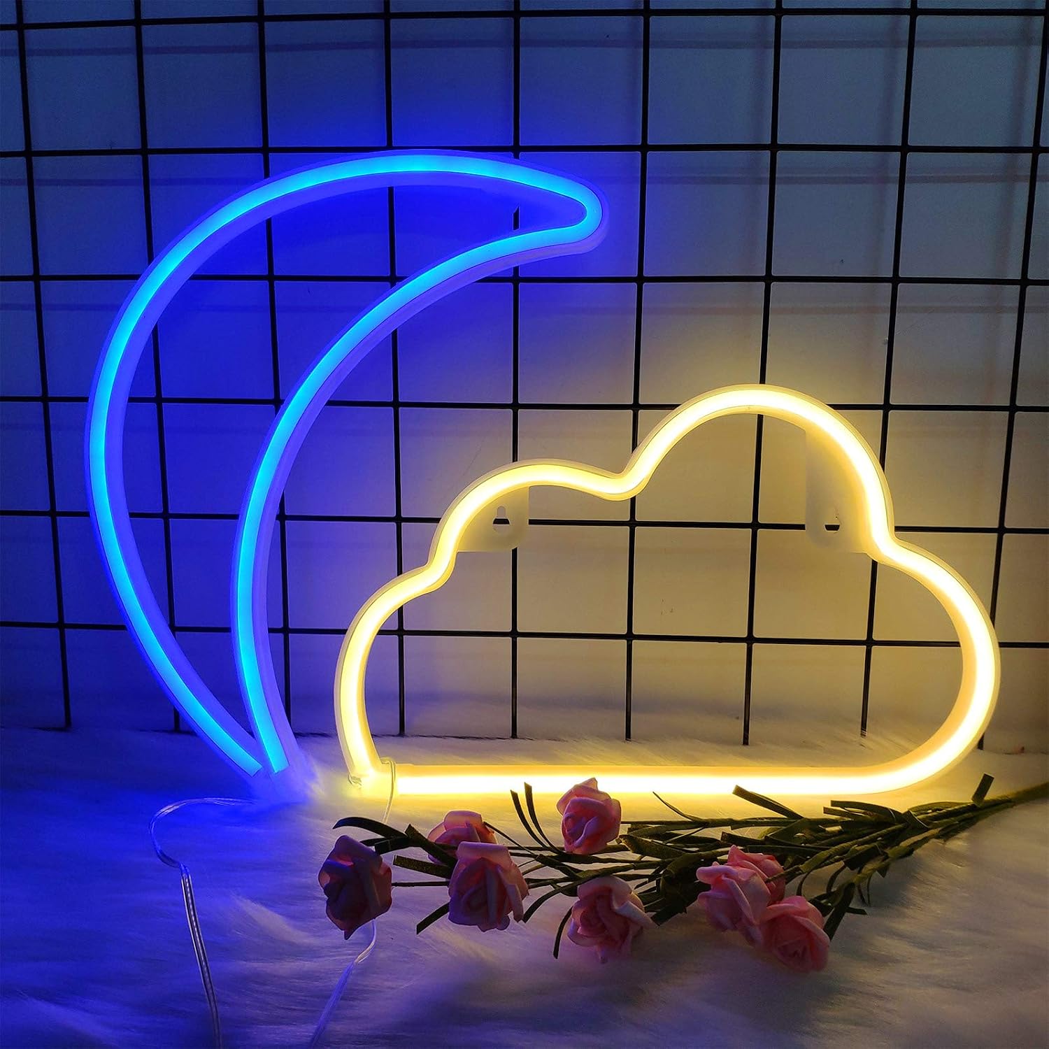 ENUOLI Blue Moon Neon Light Signs + Warm White Cloud Neon Light LED Wall Art Night Light USB/Battery Powered Neon Light Signs Neon Night Light for Home Living Room Halloween Christmas Wedding Party