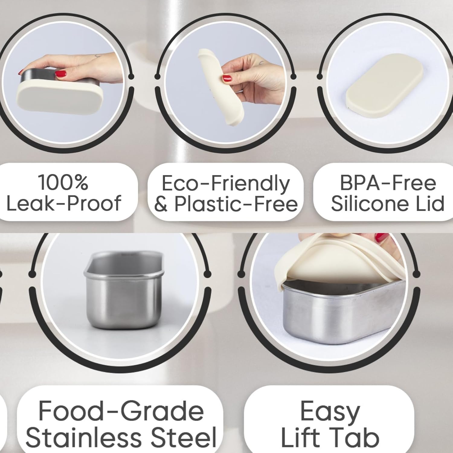 Flexibento - Leak proof Stainless Steel Lunch Box Containers, Sandwich and Snack Containers with Silicone Lids Metal Lunch Box, Bento Box , Set of Five , Vanilla , 1*25 OZ+ 2*13 OZ + 2 *2 OZ - Image 7