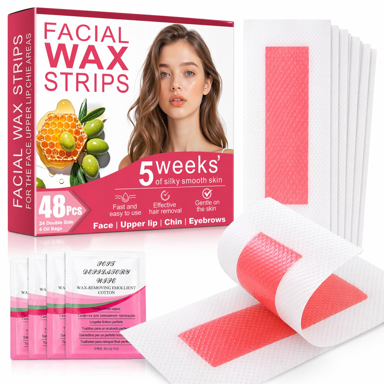 48Pcs Facial Wax Strips for Women, Upper Lip & Eyebrow Hair Removal, Hypoallergenic for Sensitive Skin, Removes Even Short Hair, Up to 5 Weeks Smooth, Easy No-Heat Waxing Kit