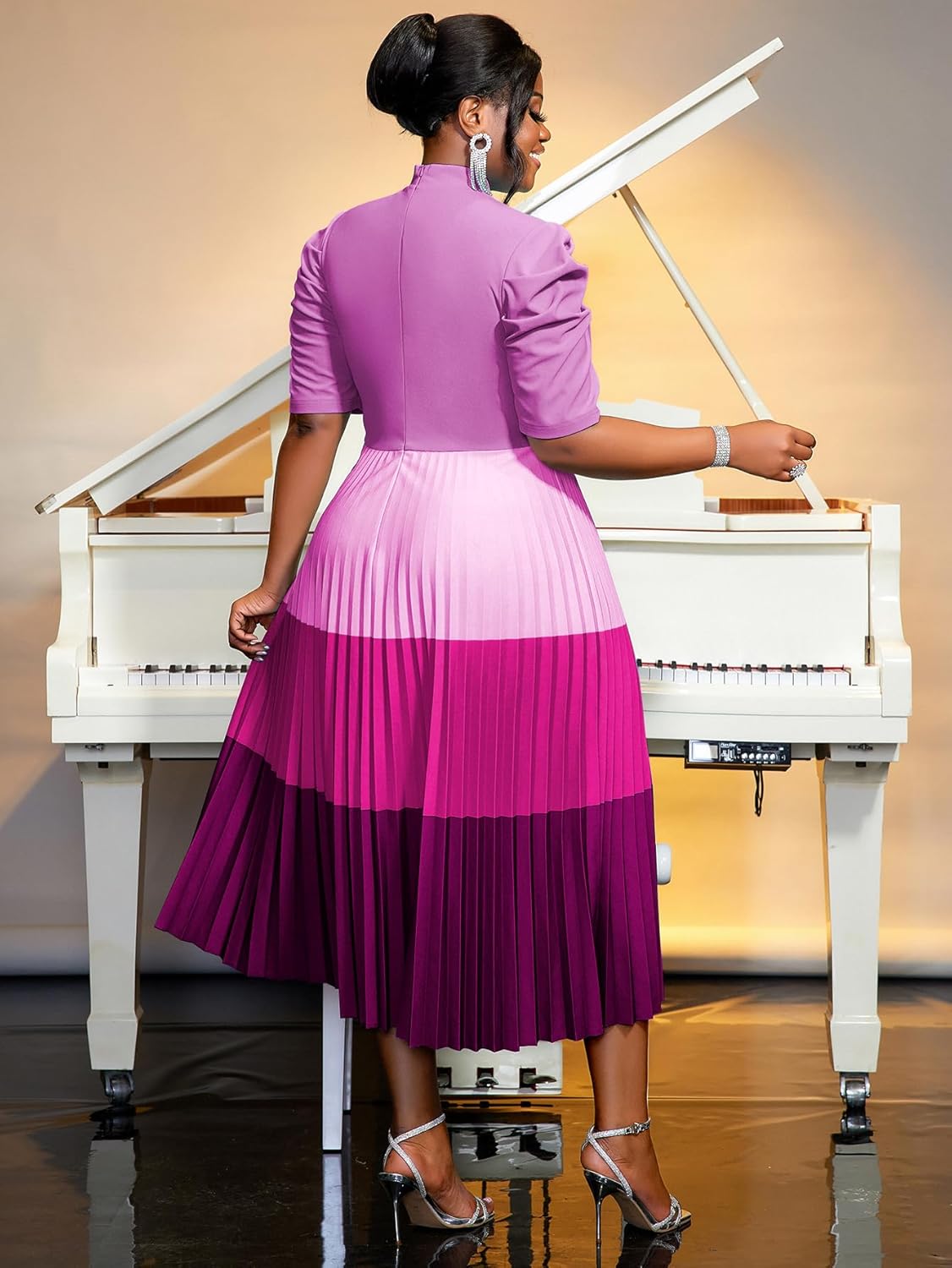 AOMEI Women's Colorblock Bowtie Neck Half Sleeve Pleated A-Line Midi Dress - Image 3