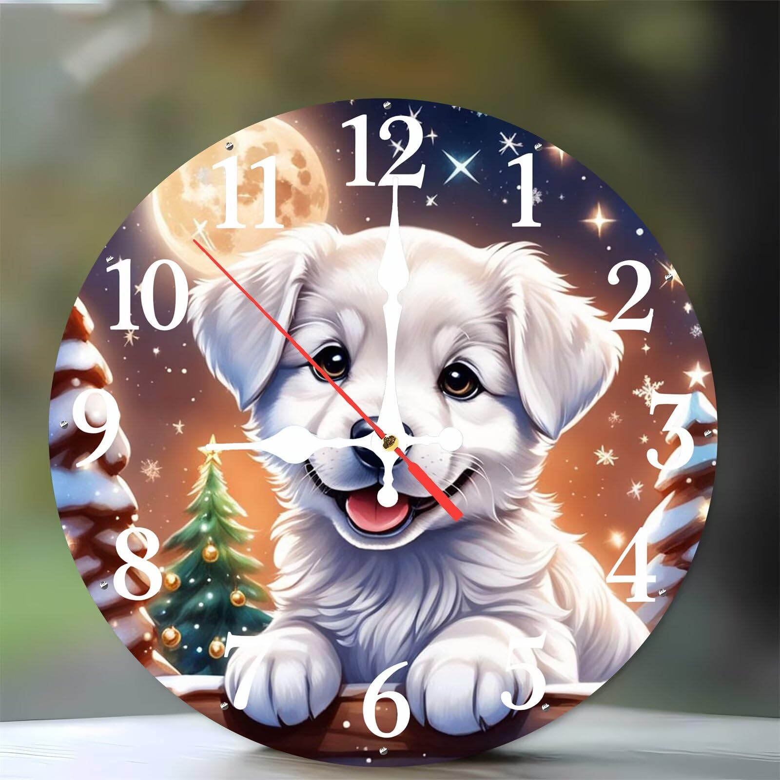 Horloge murale moderne pour cuisine et salon motif chien lune d'hiver en bois